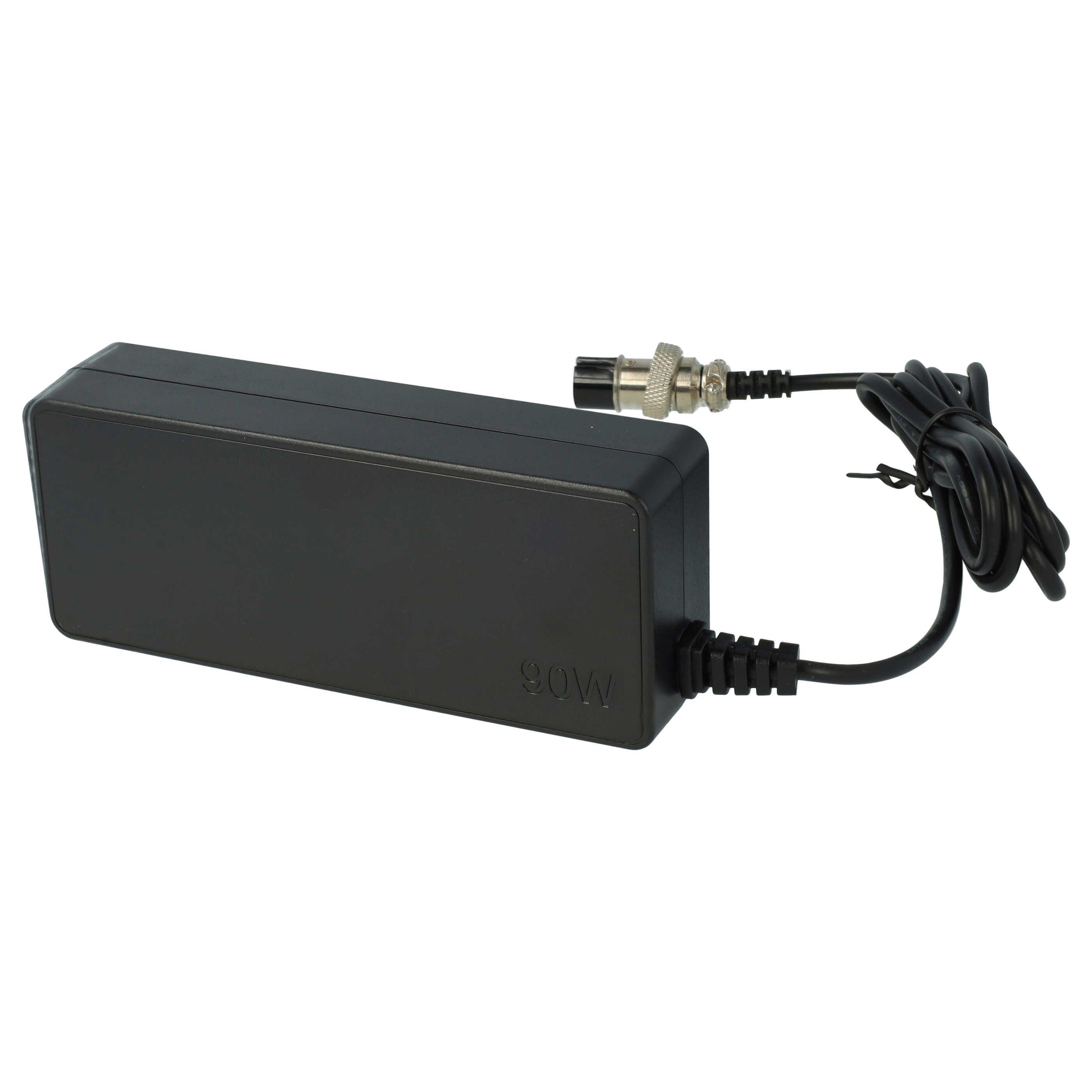 Schwarzes 90W Netzteil mit Kabel und Metallstecker vor weißem Hintergrund.