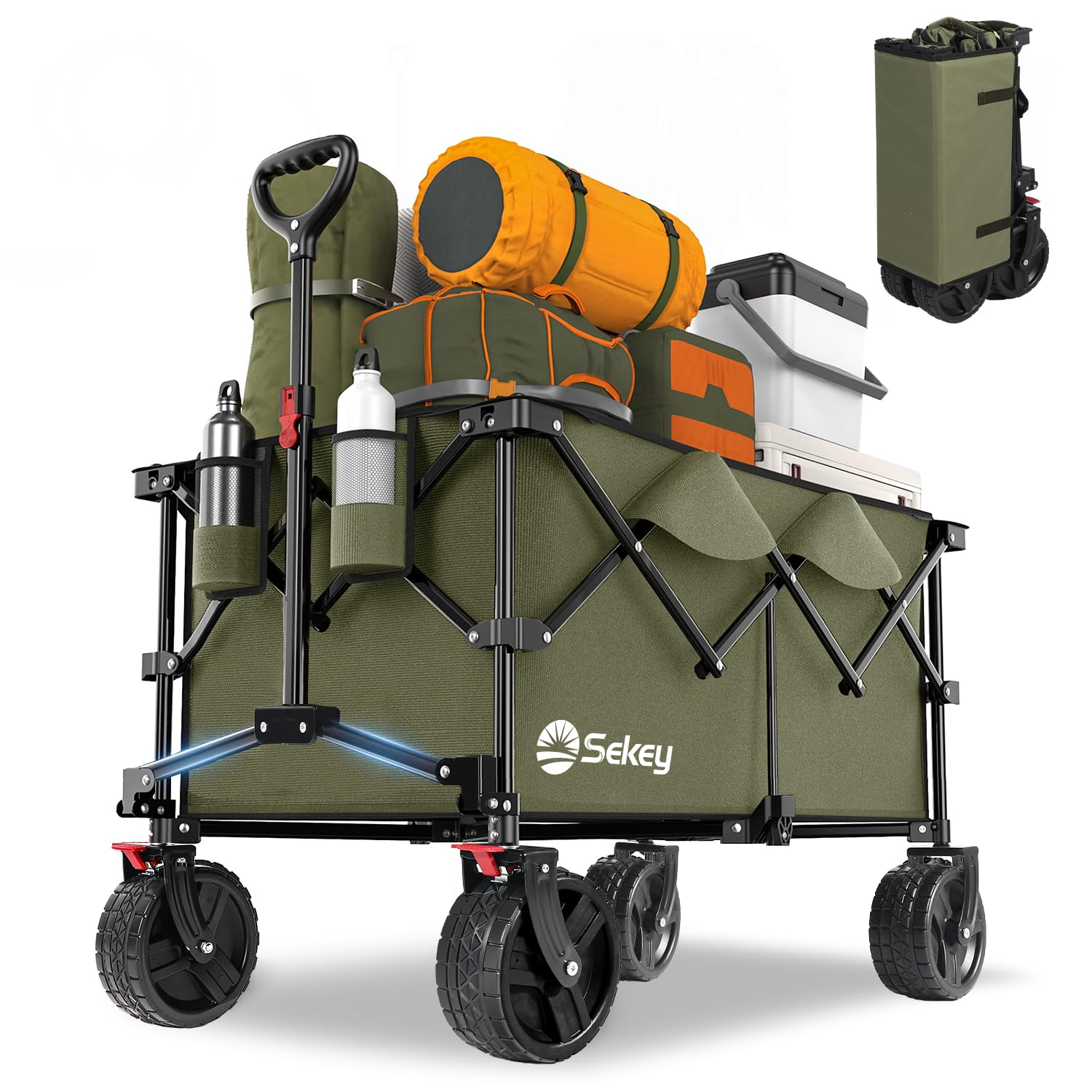 Chariot utilitaire pliable vert chargé de matériel de camping, vue repliée en haut à droite.