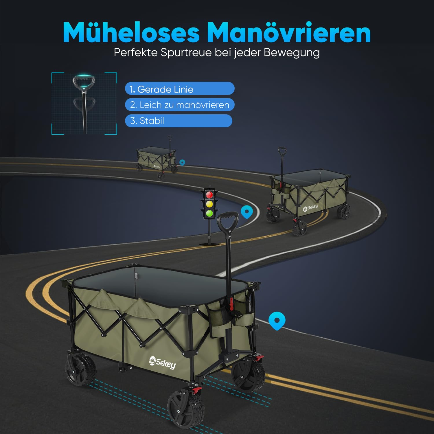 Un chariot utilitaire vert olive manœuvre facilement sur une route sinueuse.