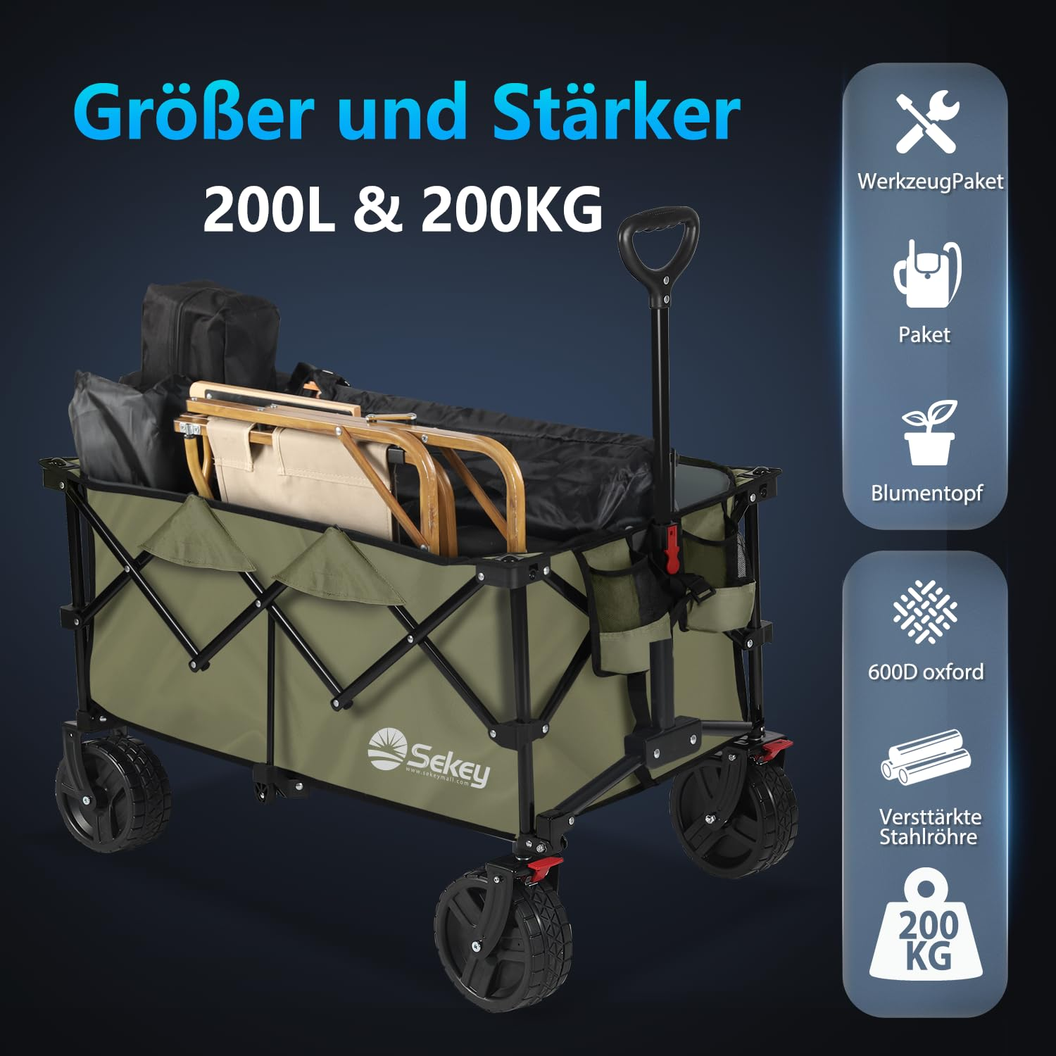 Chariot de transport pliable vert avec cadre noir et icônes d'accessoires.
