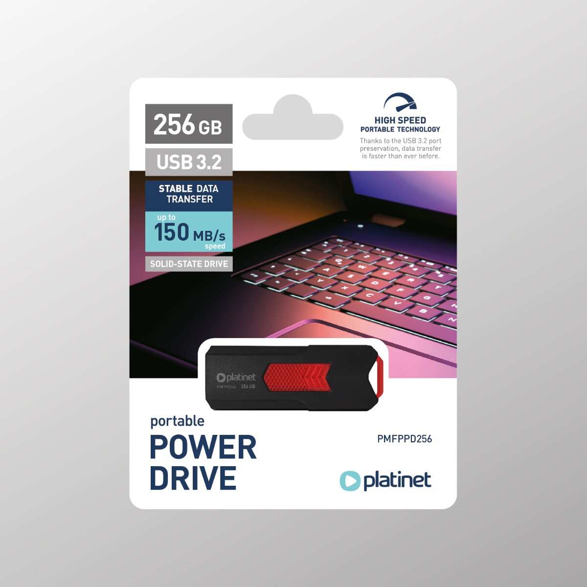 Platinet 256GB USB 3.2 Power Drive Verpackung mit USB-Stick und Laptop-Hintergrund.