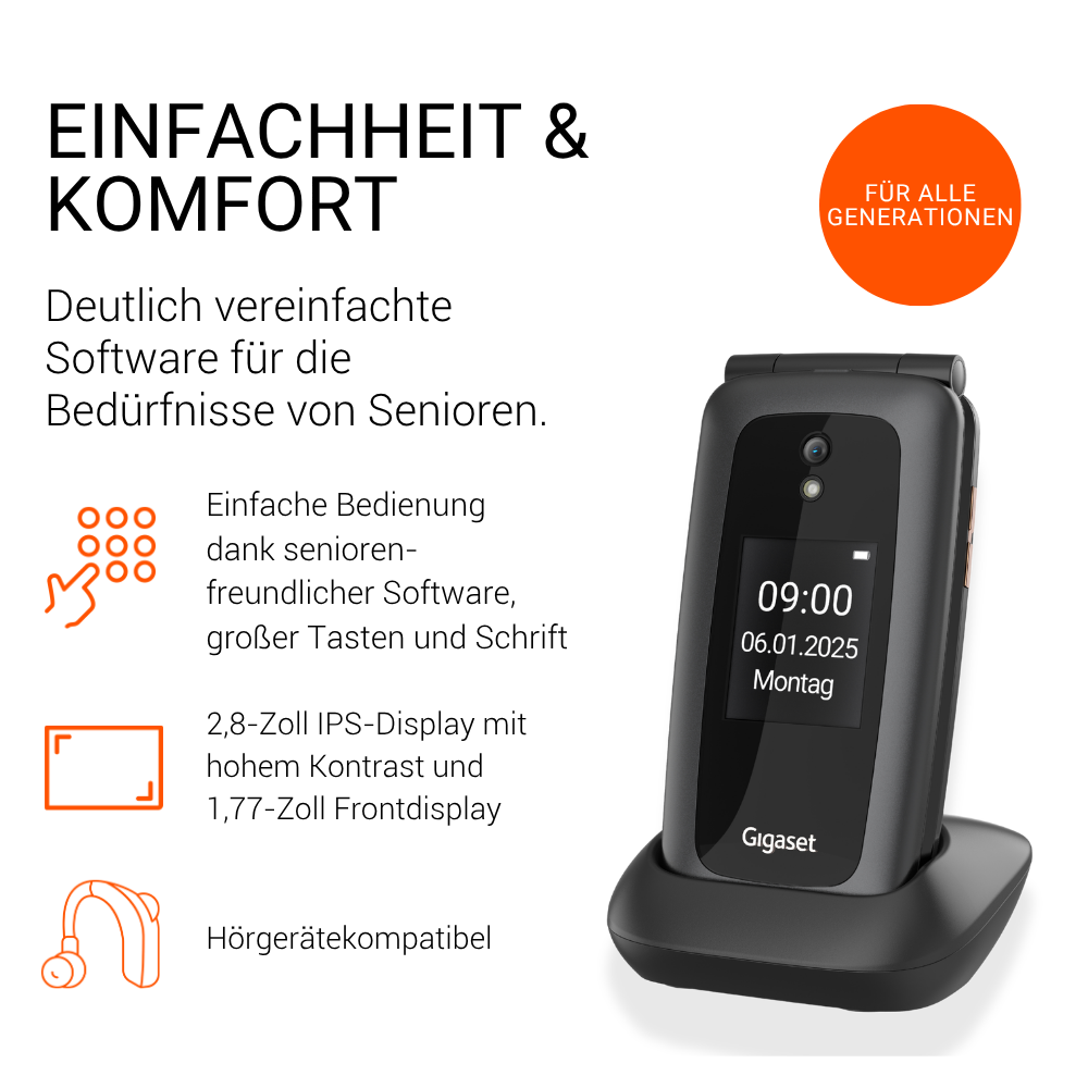 Ein graues Klapphandy in einer Ladestation, umgeben von Werbetext und Icons für Seniorentauglichkeit.