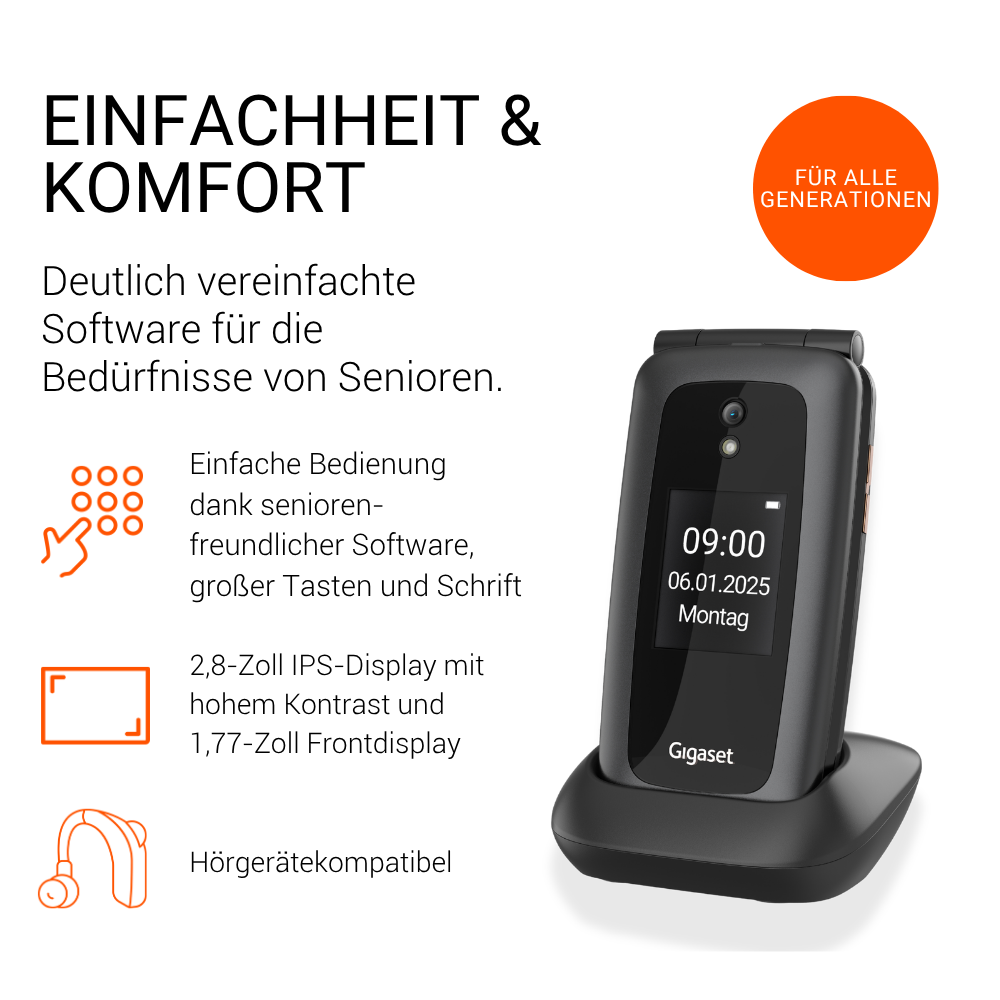 Gigaset-Seniorenhandy in Ladeschale mit deutscher Beschreibung und orangefarbenen Icons.