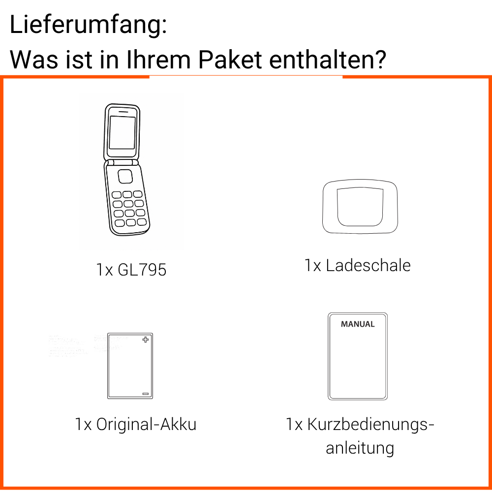 Lieferumfang: Ein Flip-Handy, eine Ladeschale, ein Akku und eine Bedienungsanleitung.