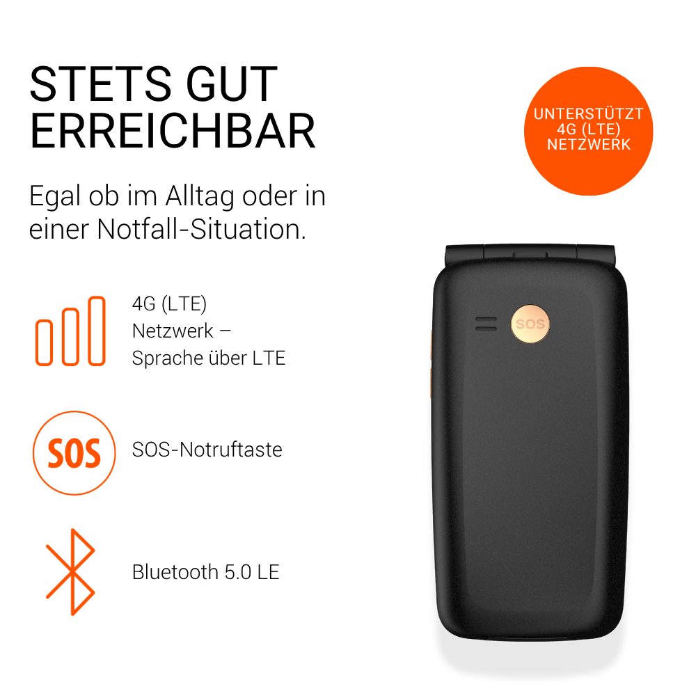 Schwarzes Klapphandy mit SOS-Taste, 4G-Netzwerk und Bluetooth-Funktion.