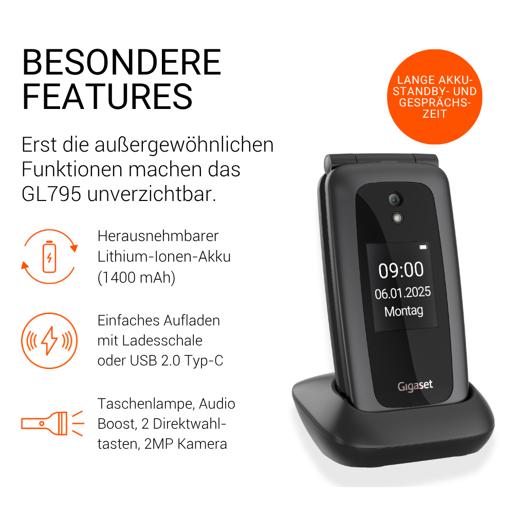 Produktwerbung für das Gigaset GL795 Klapphandy mit Ladeschale, Features und Text auf Deutsch.