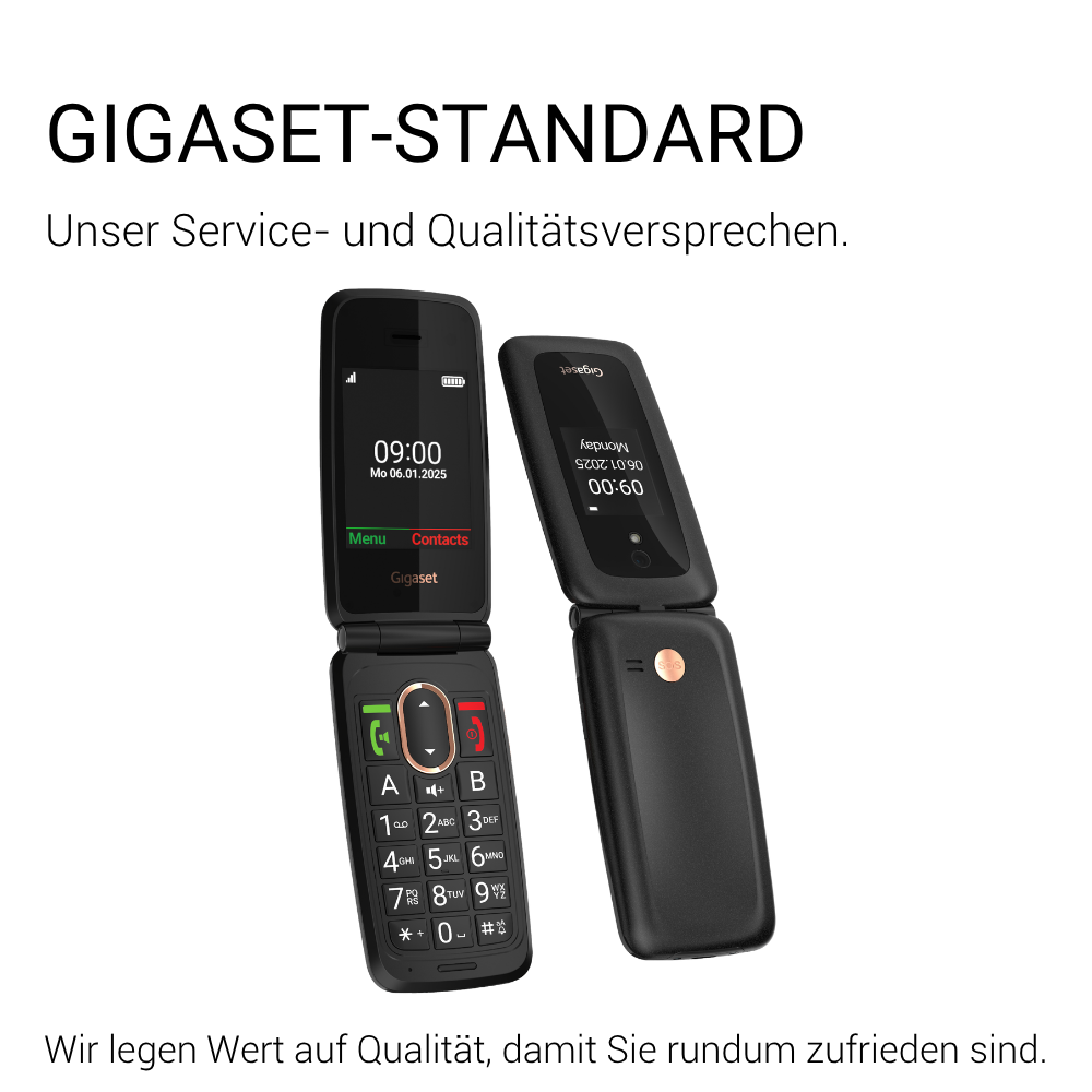 Zwei schwarze Gigaset Klapphandys mit großen Tasten, Vorder- und Rückansicht vor weißem Hintergrund mit Text.