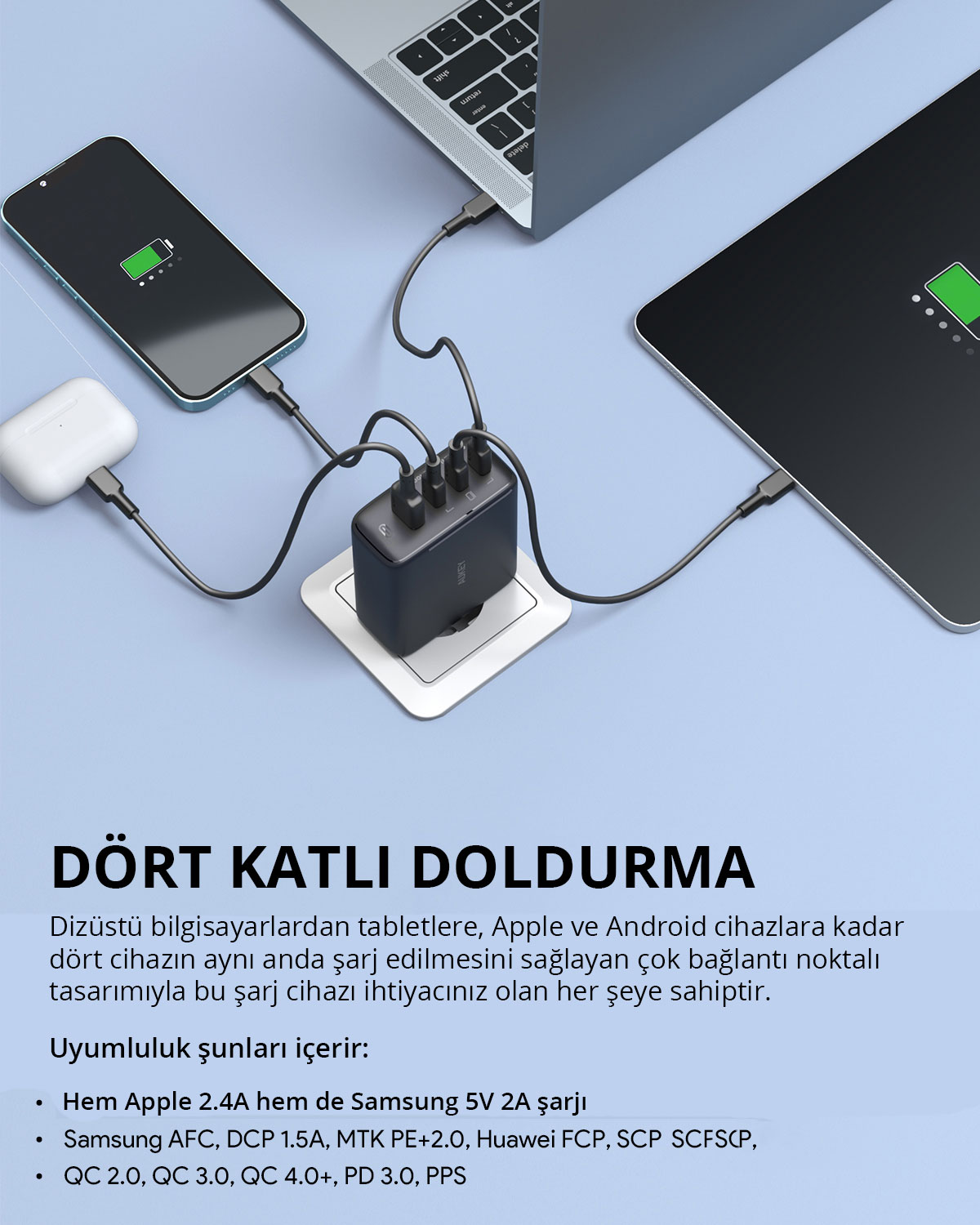 Mavi zemin üzerinde laptop, telefon, tablet ve kulaklığa bağlı çok portlu şarj cihazı.