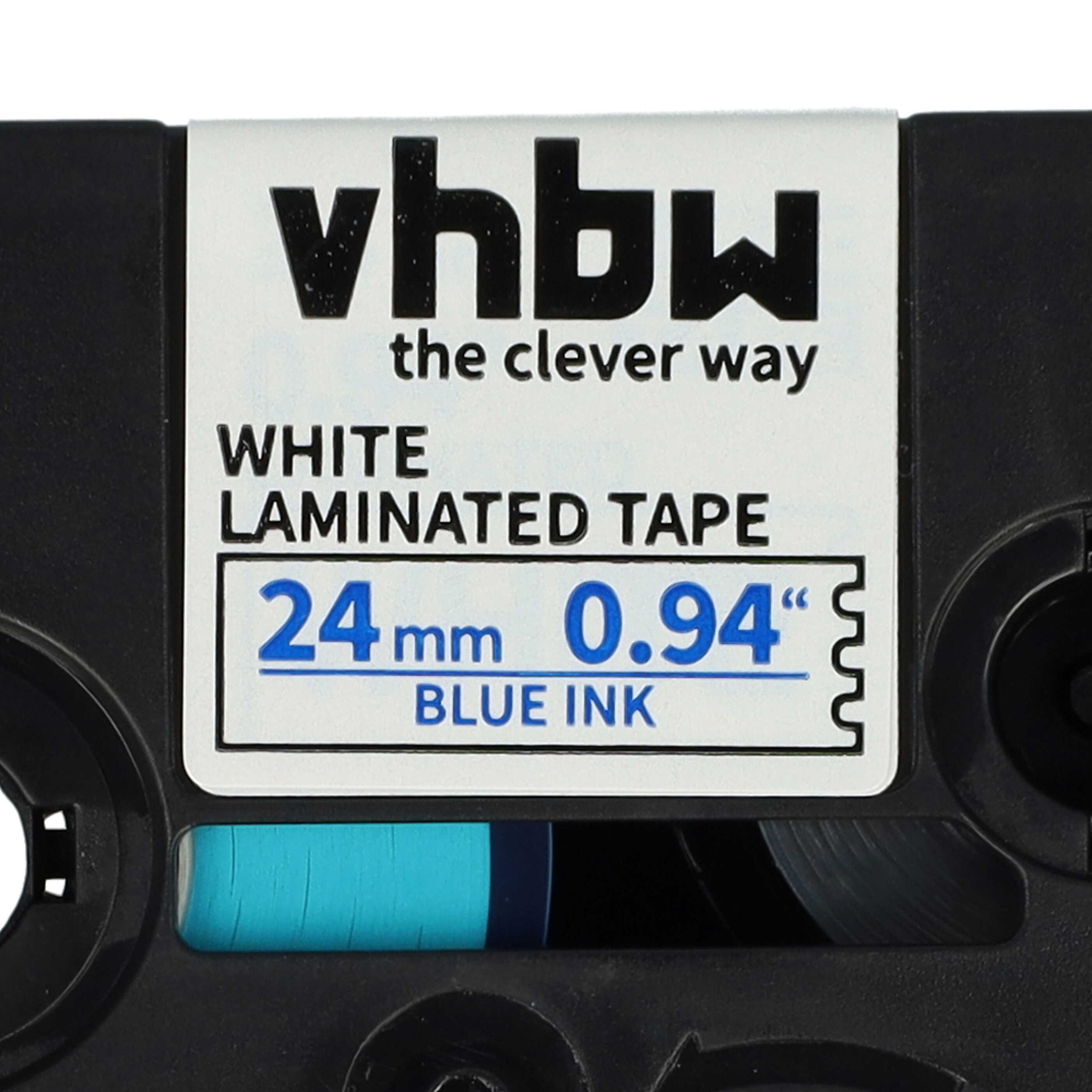 Schwarze vhbw Etikettenkassette mit weißem Etikett, das 'WHITE LAMINATED TAPE 24mm 0.94 BLUE INK' anzeigt.