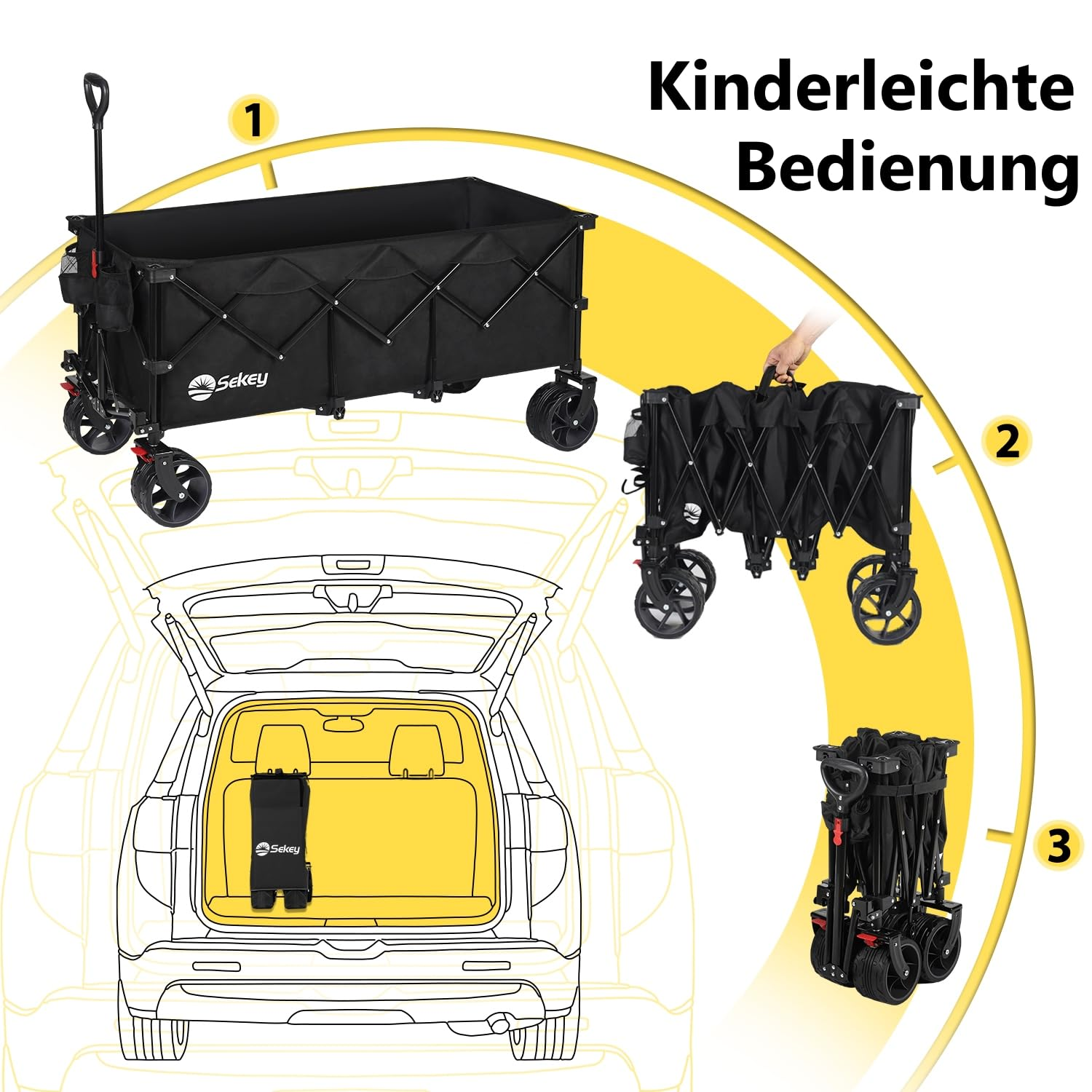 Chariot utilitaire Sekey facile à utiliser, illustré monté, plié et rangé dans le coffre d'une voiture.
