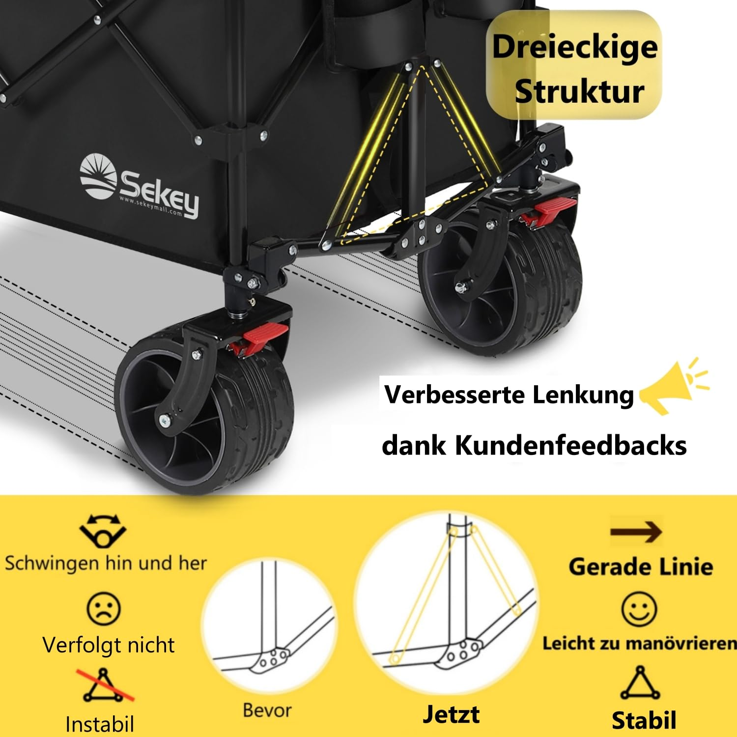 Gros plan d'un chariot noir Sekey se concentrant sur sa structure de cadre triangulaire robuste et ses roues améliorées.