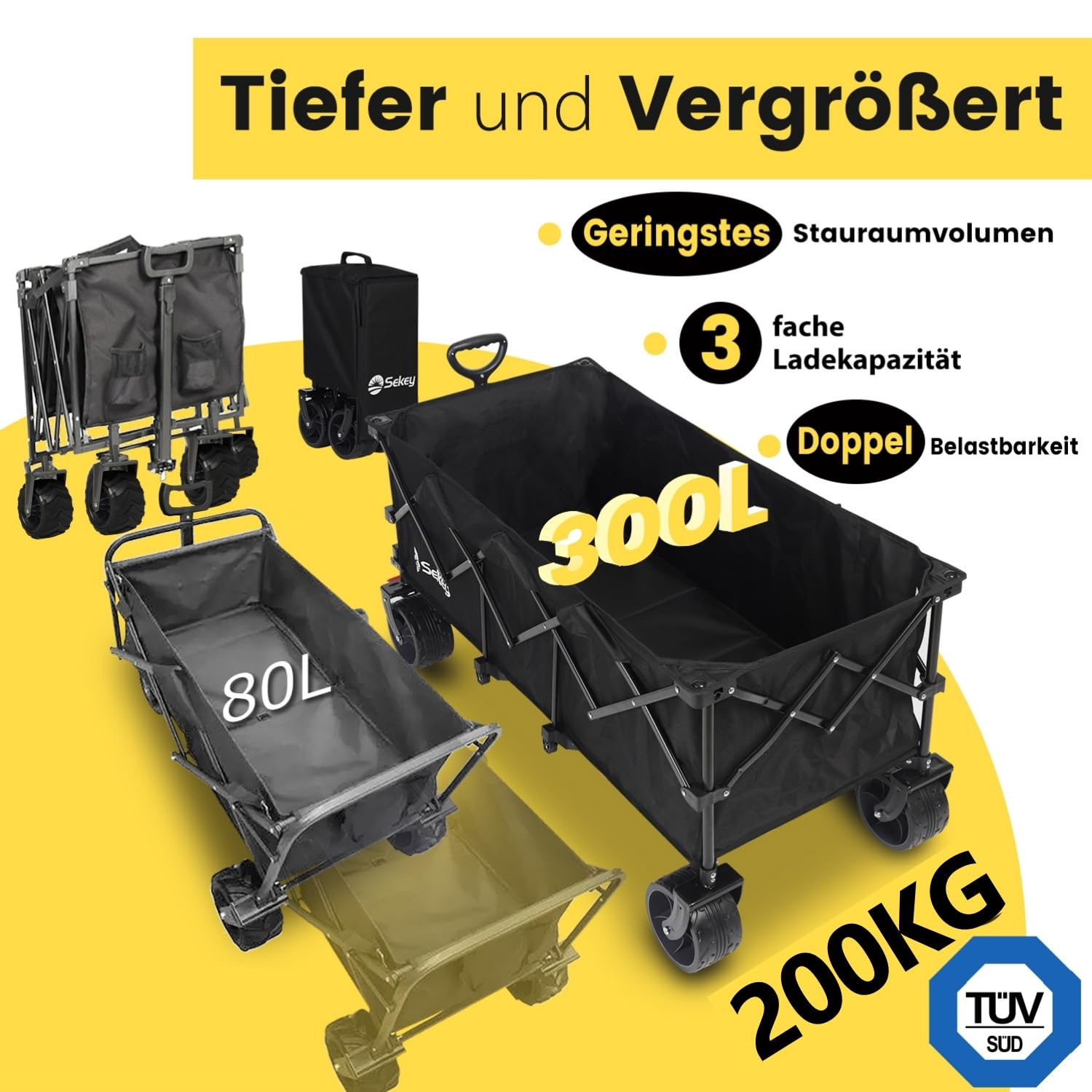 Comparaison de deux chariots de transport noirs de 80L et 300L sur fond jaune.