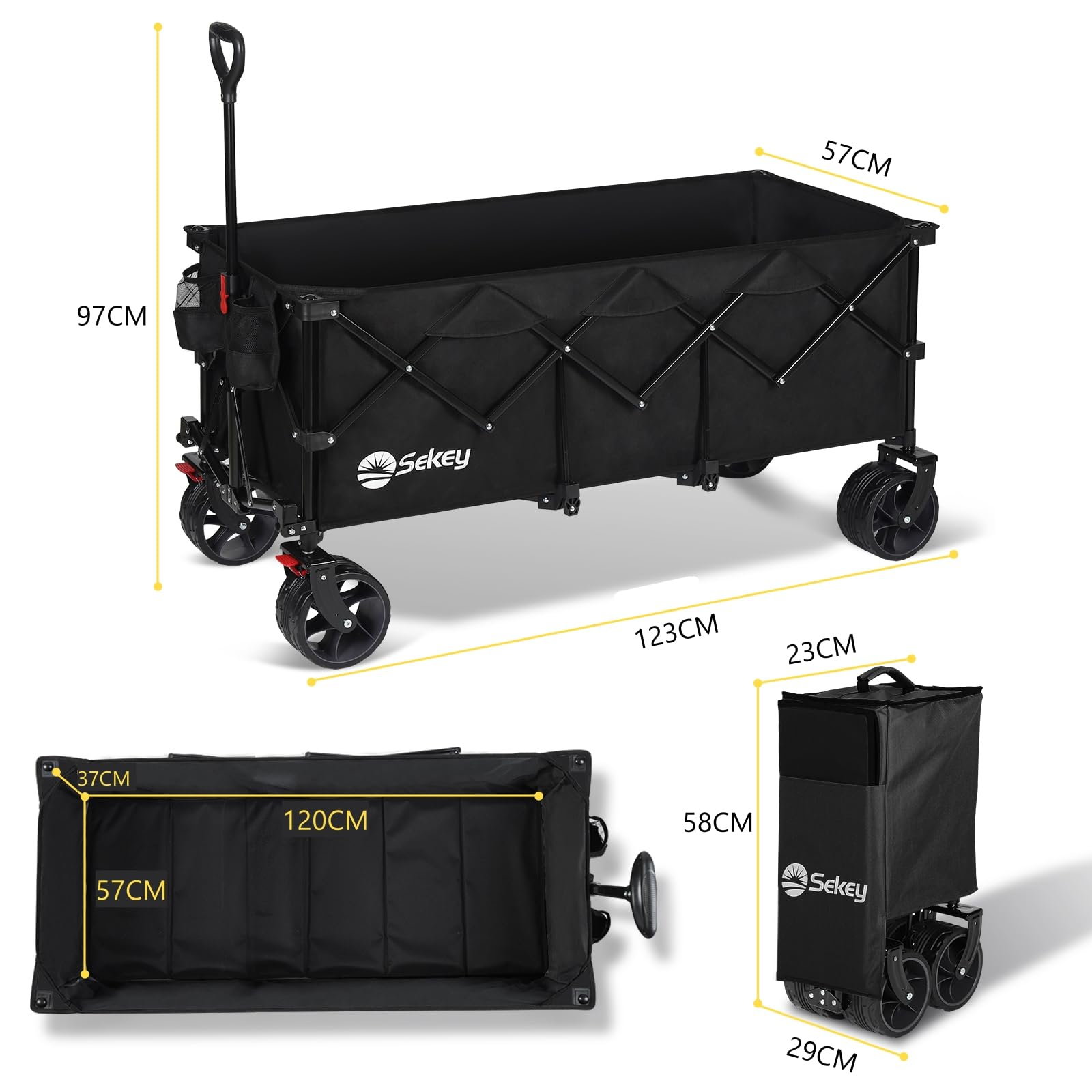 Un chariot de transport pliable noir avec des mesures de longueur, largeur, hauteur et pliage.