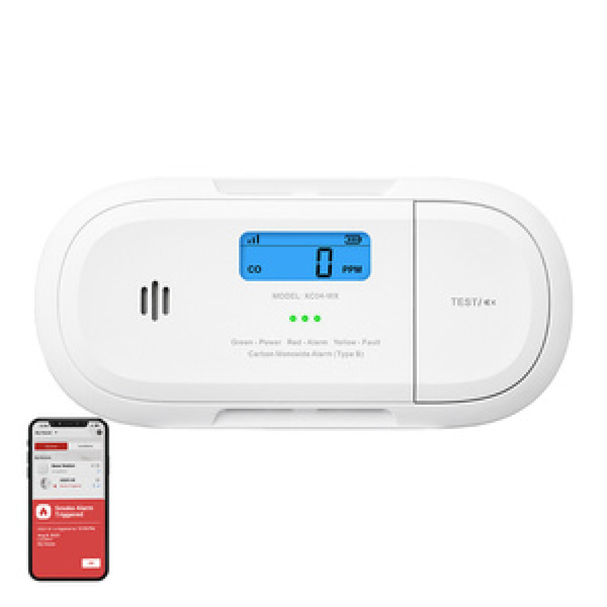 Weißer Kohlenmonoxidmelder mit digitalem Display und Smartphone-App in der Ecke.