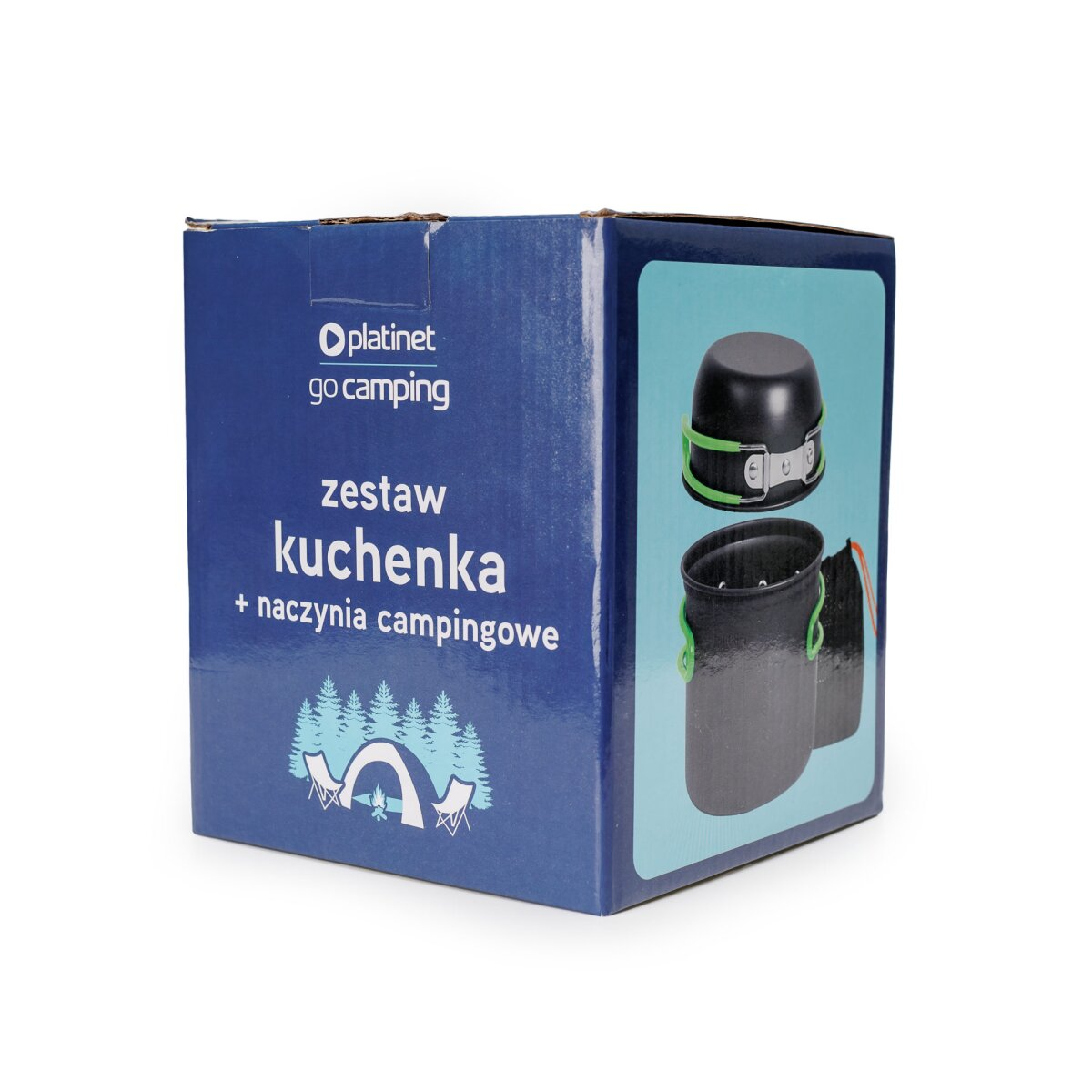 Blaue Produktverpackung für ein Camping-Kochset mit weißer Aufschrift und Bild von Töpfen auf hellerem Hintergrund.