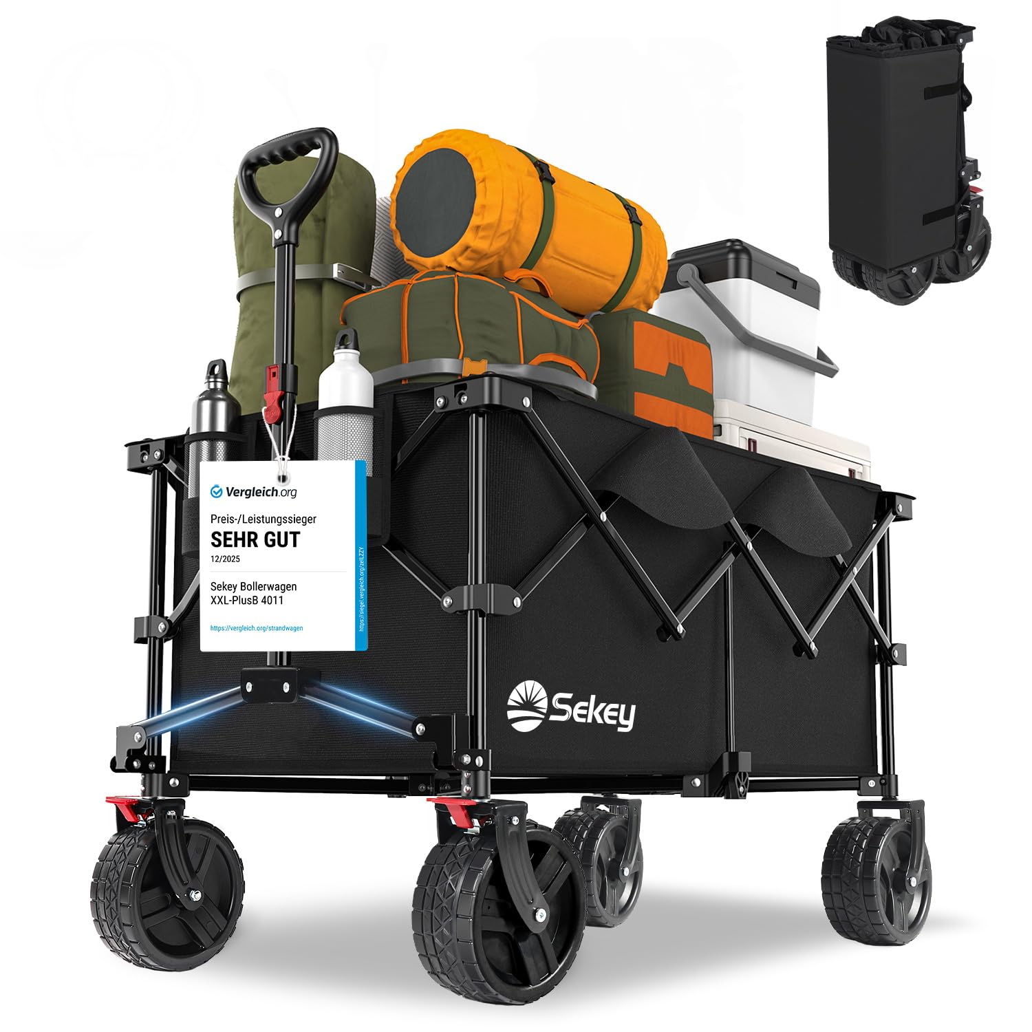 Un chariot pliable Sekey noir chargé de matériel de camping et une version pliée en haut à droite.