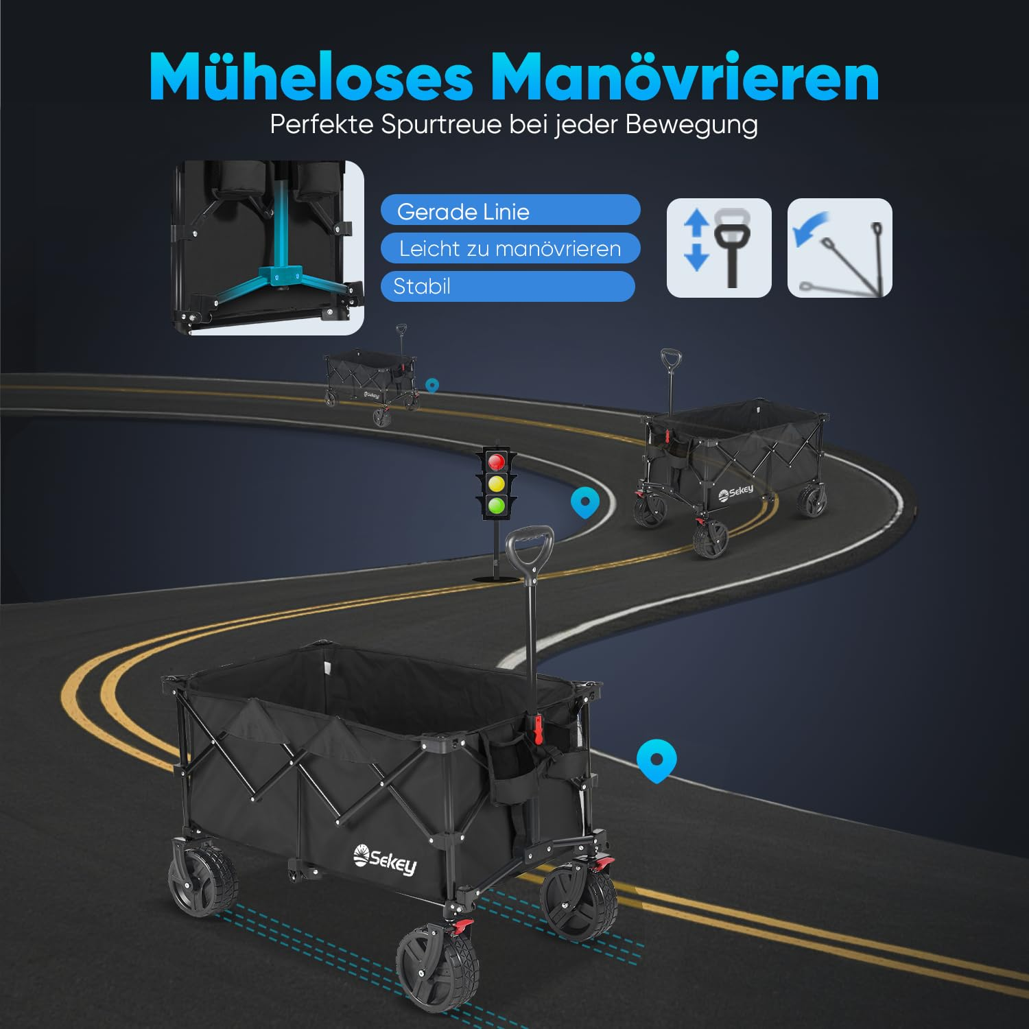 Chariot pliant Sekey sur une route sinueuse avec du texte allemand sur la stabilité et la direction.