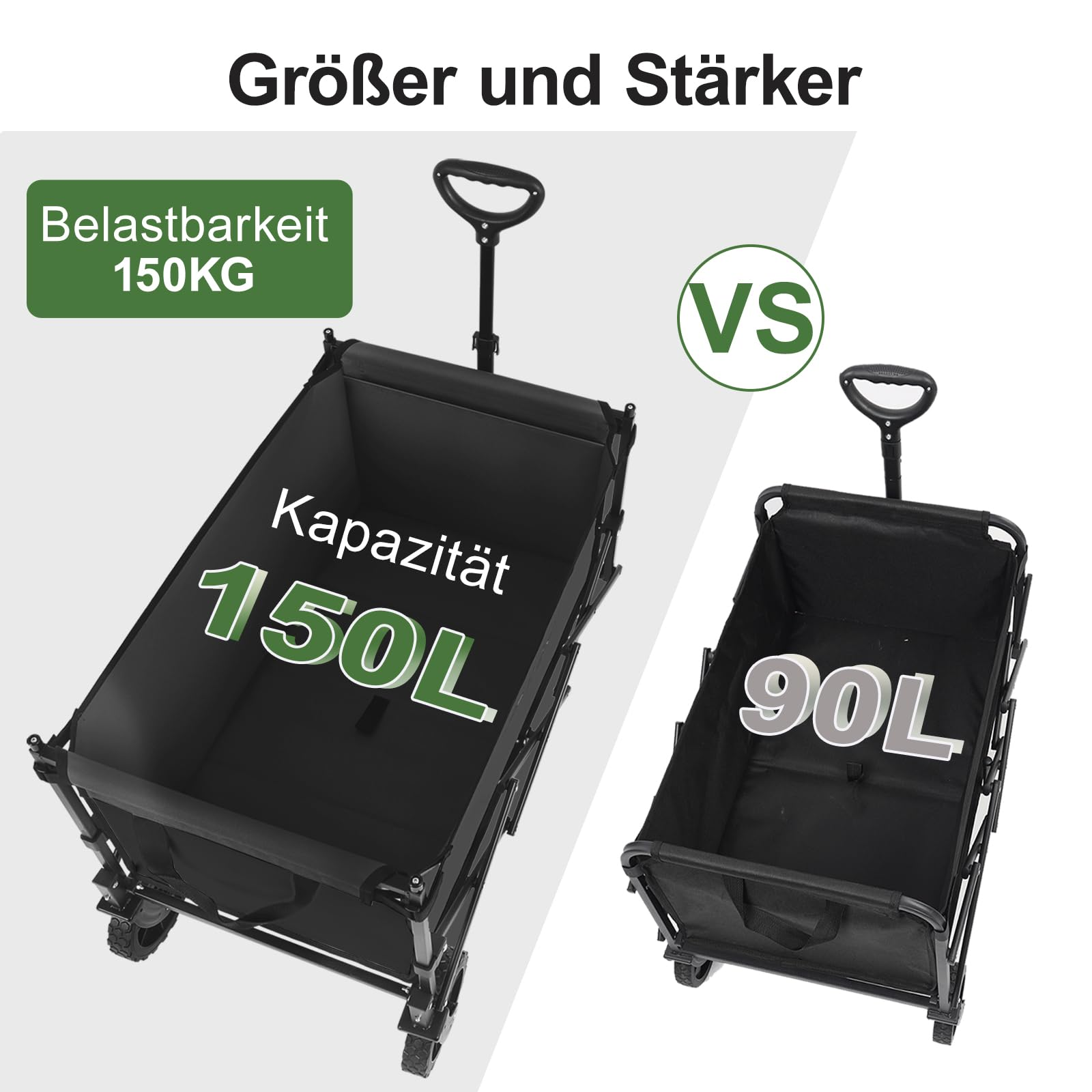 Comparaison de deux chariots: gauche 150L de capacité et 150kg, droite 90L.