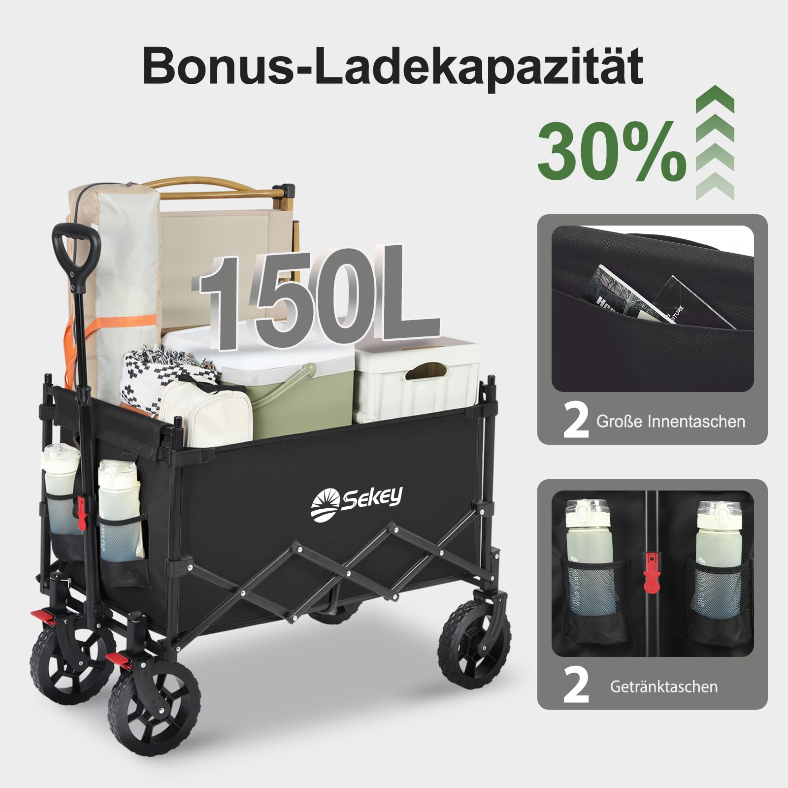 Un chariot utilitaire noir Sekey d'une capacité de 150L, avec poches intérieures et porte-gobelets.
