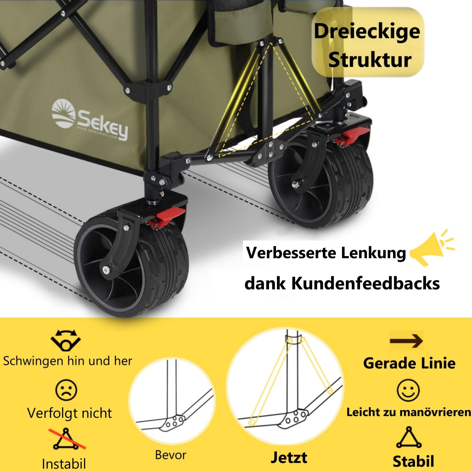 Chariot Sekey avec structure triangulaire stable et direction améliorée pour une maniabilité facile.