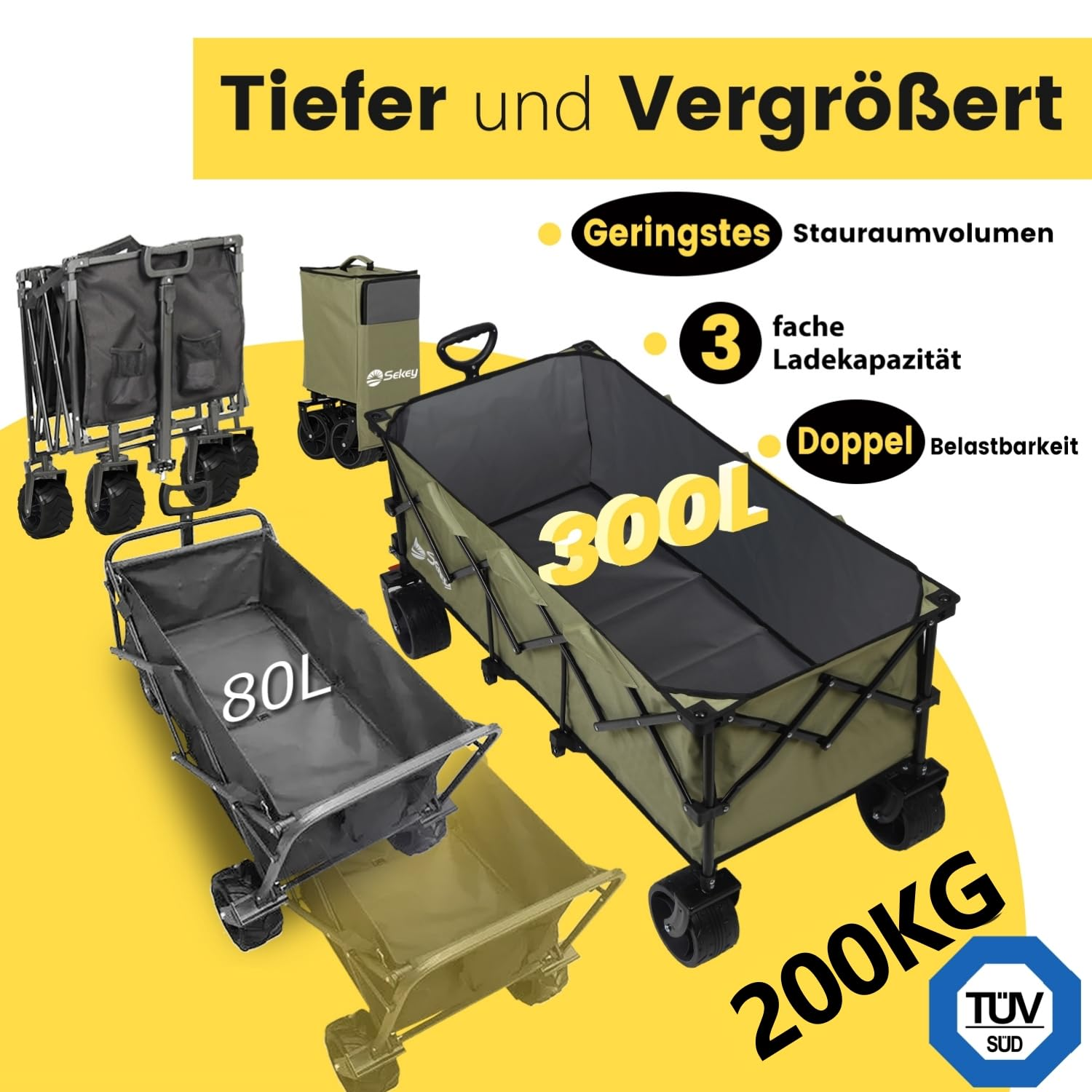Image promotionnelle d'un chariot pliable vert avec une capacité de 300L et 200kg.