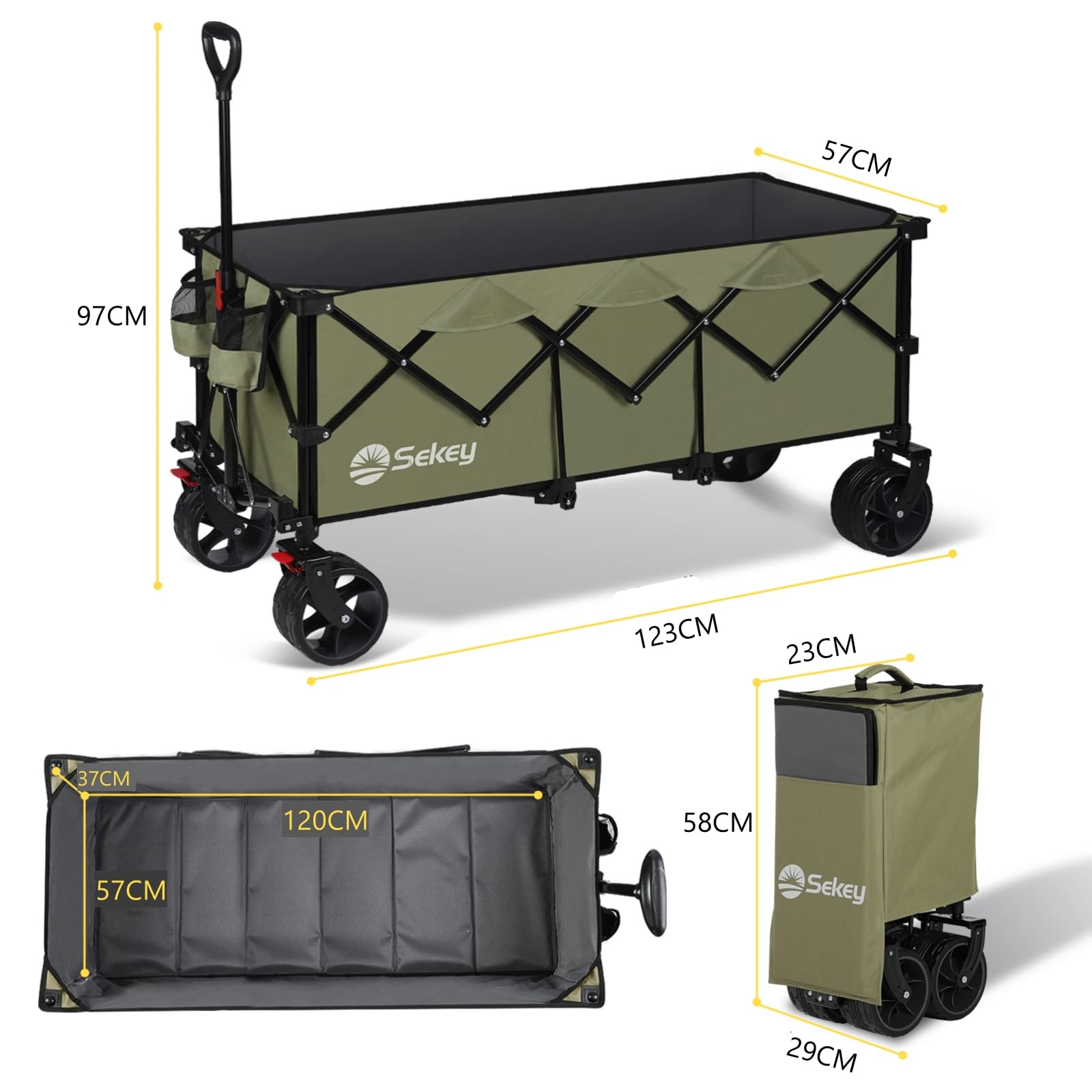Chariot pliant vert avec dimensions en cm.