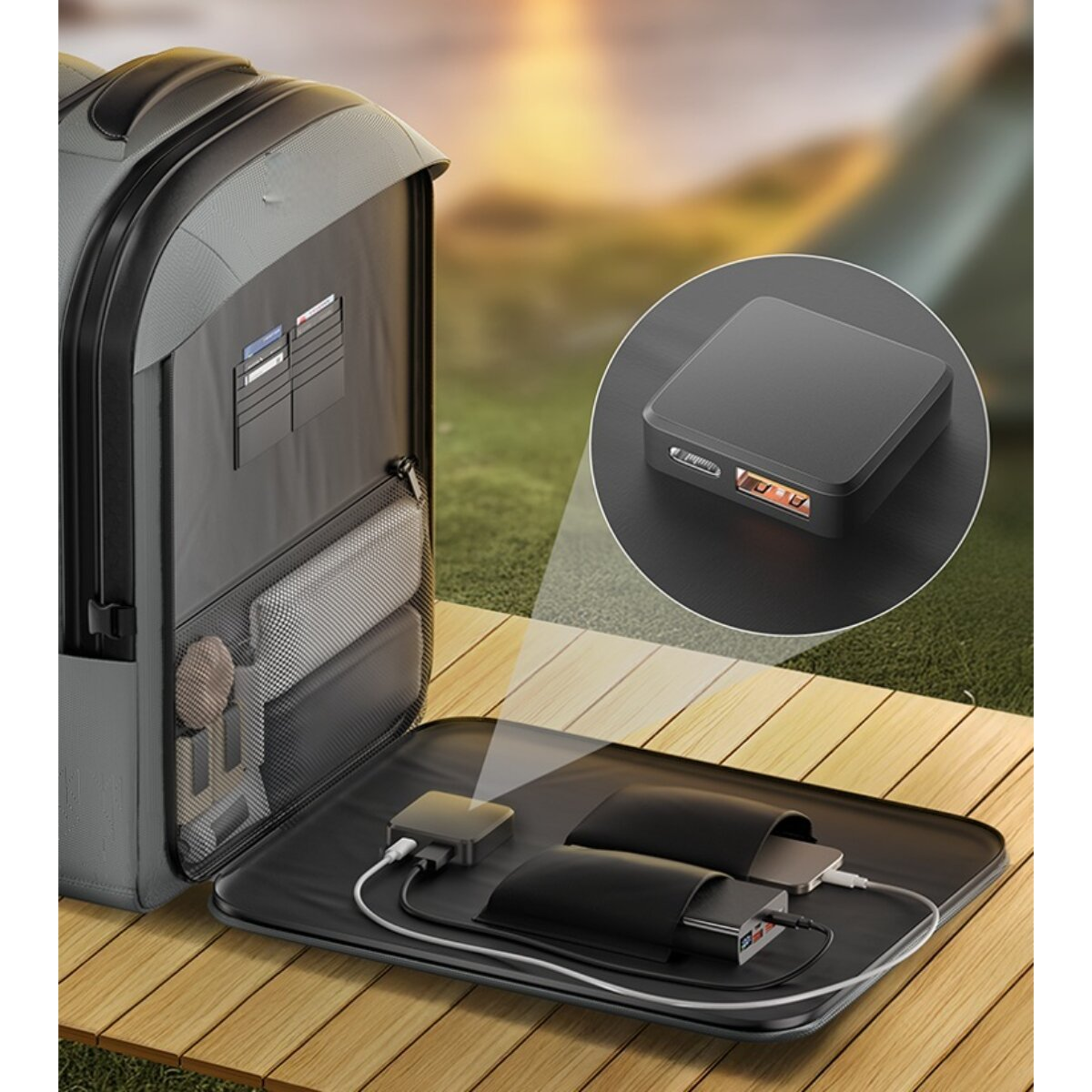 Ein offener grauer Rucksack auf einem Holztisch, mit Ladekabeln und einer Detailansicht des USB-Ladegeräts.