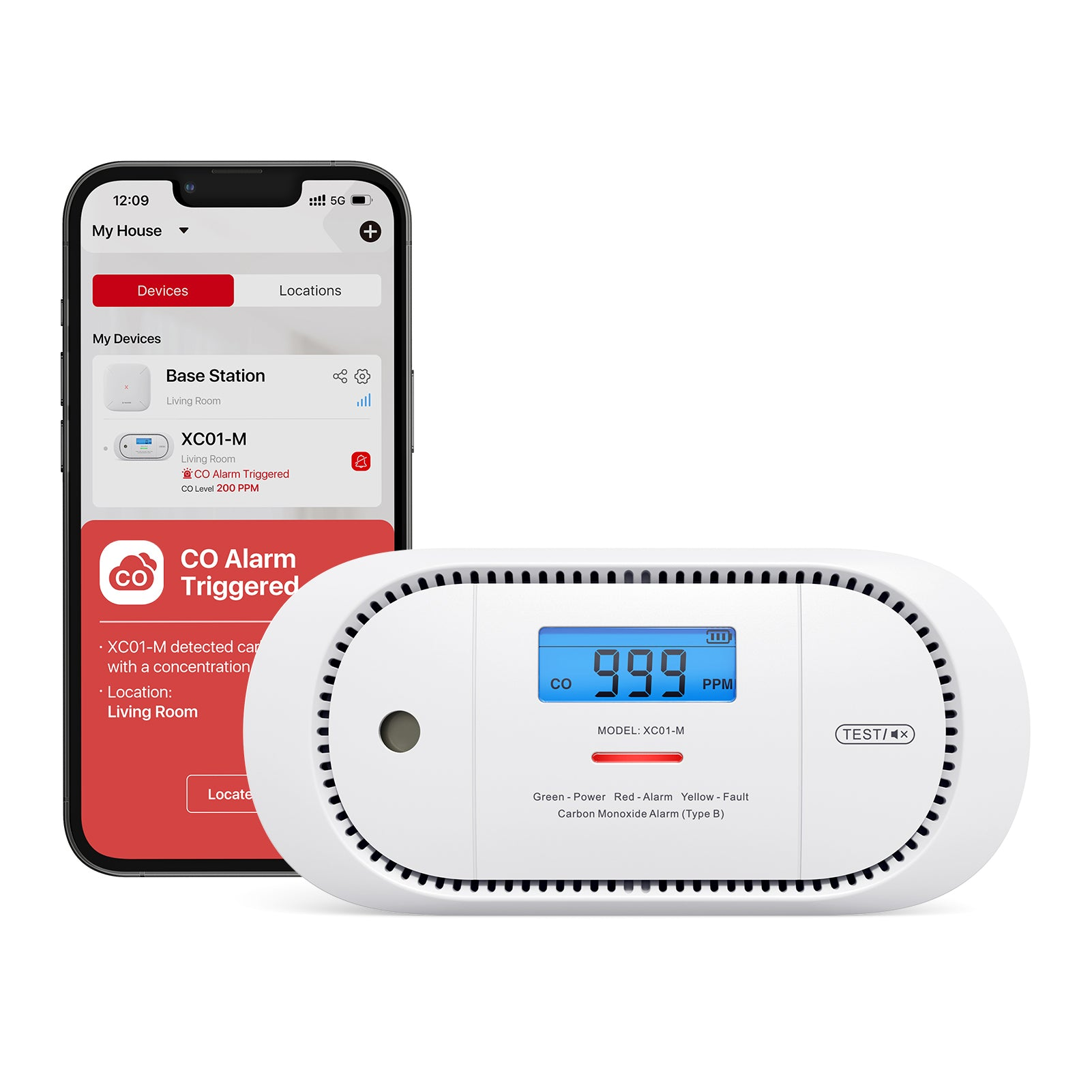 Ein Smartphone mit einer Kohlenmonoxid-Alarm-App neben einem weißen digitalen Kohlenmonoxidmelder.