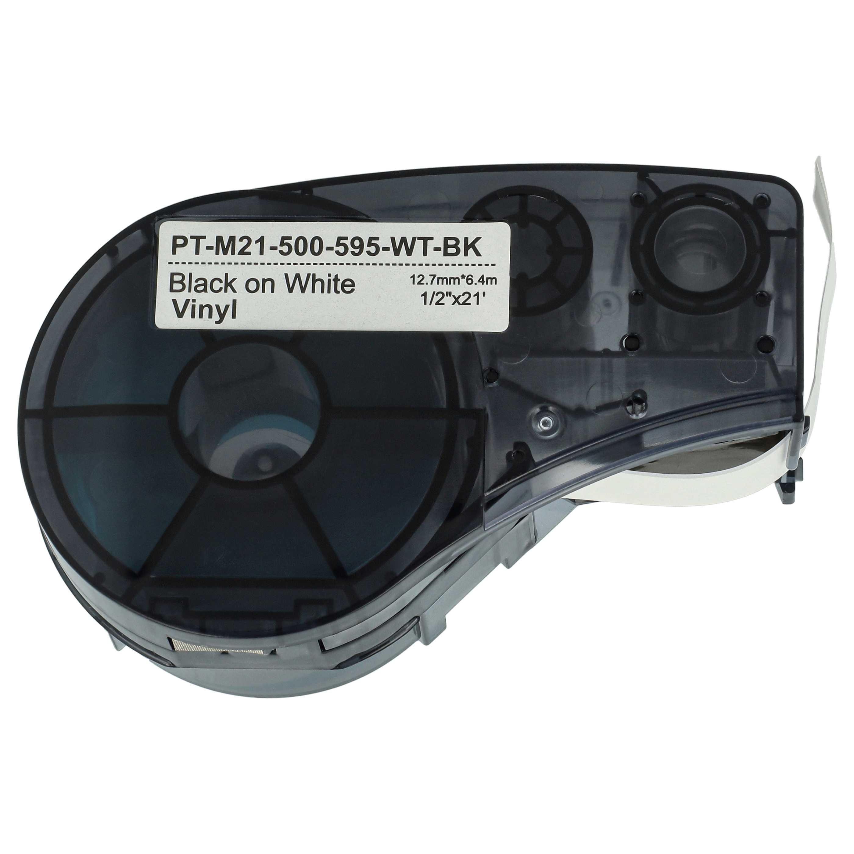 Eine schwarze und weiße Etikettendruckerkassette mit dem Text PT-M21-500-595-WT-BK auf einem weißen Etikett.