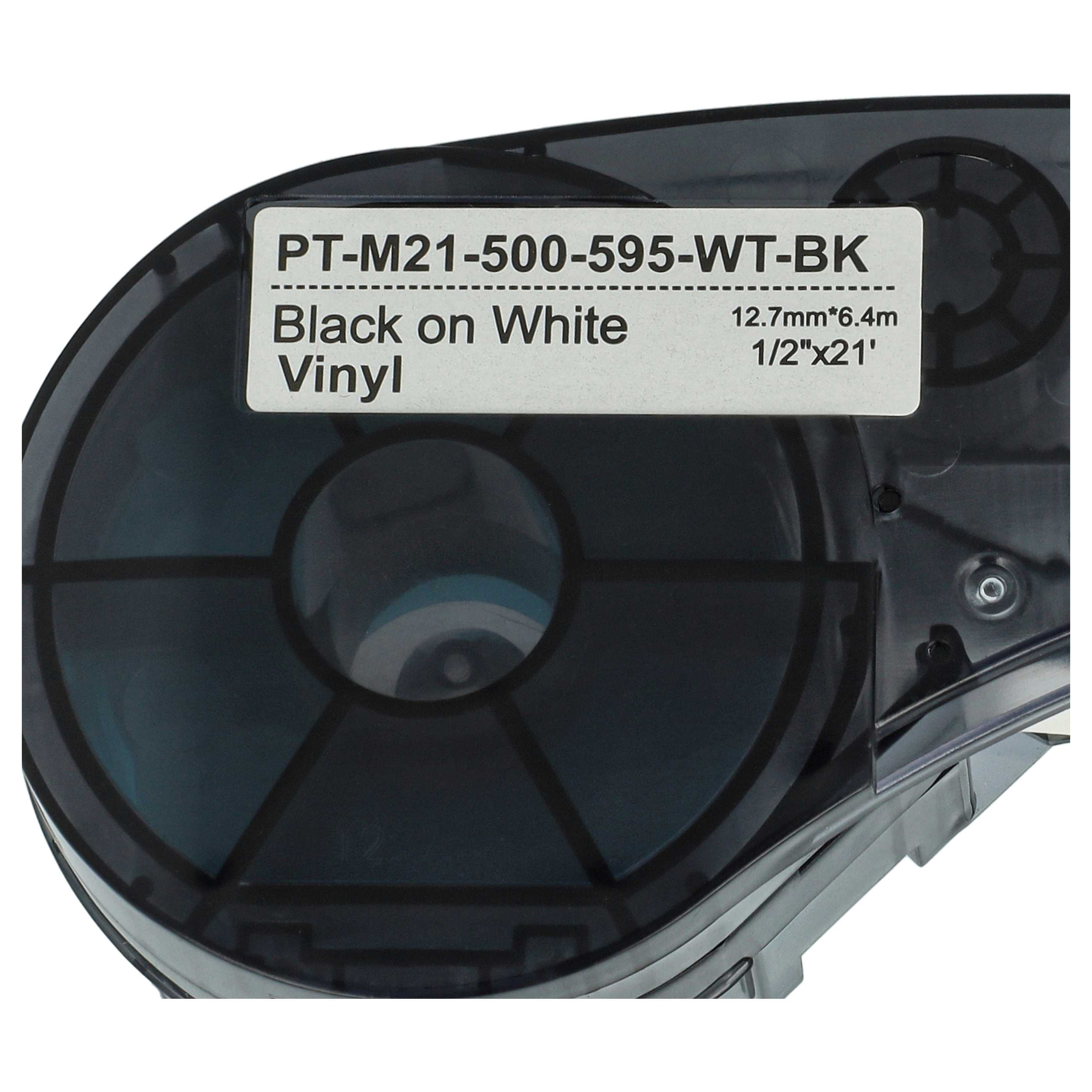 Schwarze Vinyl-Etikettenkassette, 12,7mmx6,4m, mit wei ßem Etikett oben.