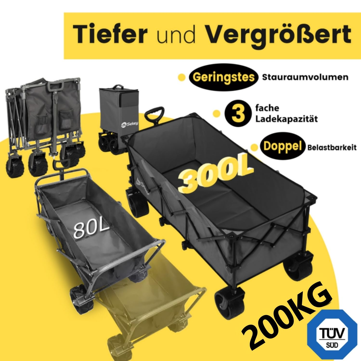 Un chariot pliant gris d'une capacité de 300L et 200kg, présenté sous différents états et comparaisons.