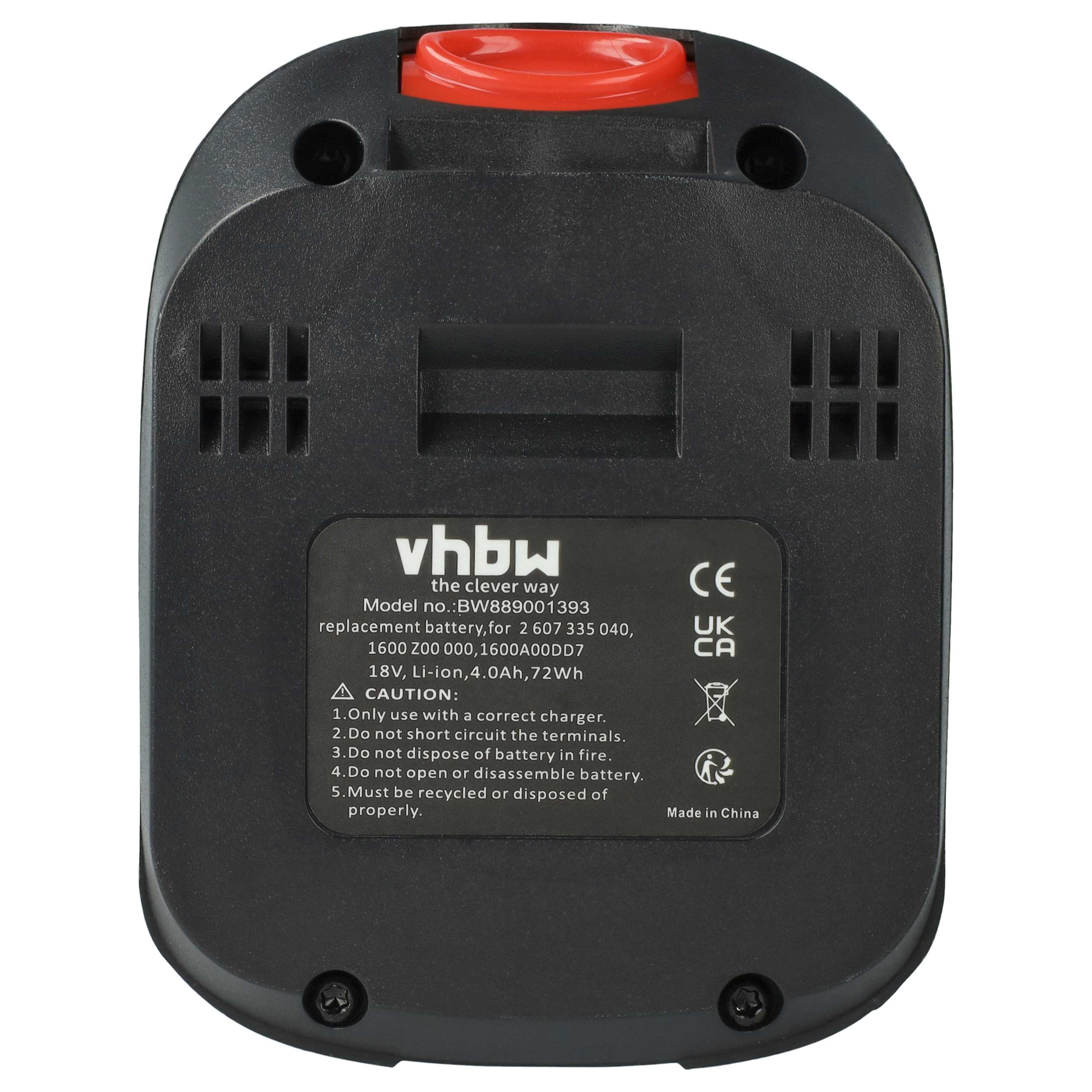Ein schwarzer vhbw 18V Li-Ion Ersatzakku mit rotem Entriegelungsknopf und technischen Aufklebern.