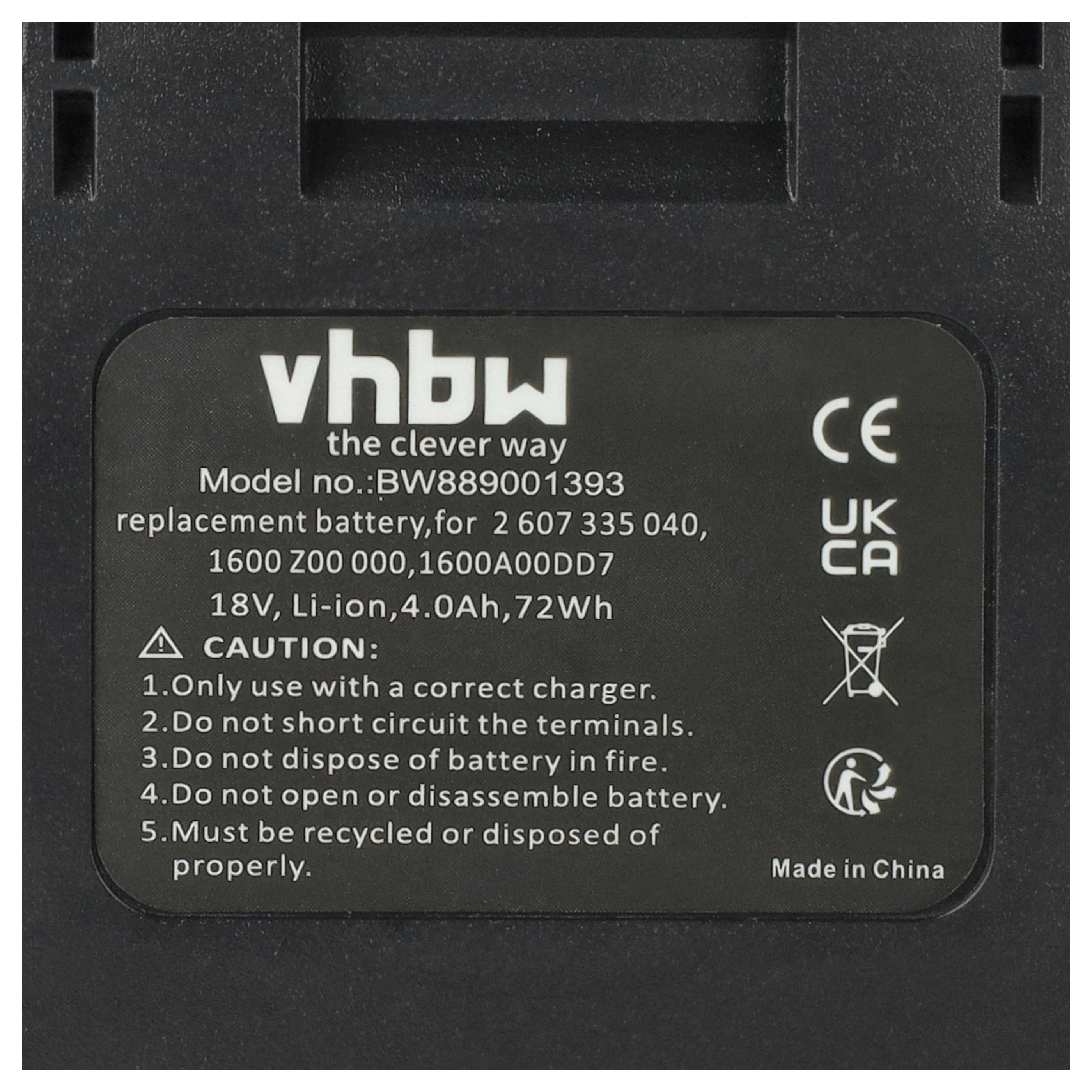 Etikett auf einer schwarzen vhbw Ersatzbatterie mit technischen Daten und Sicherheitshinweisen.