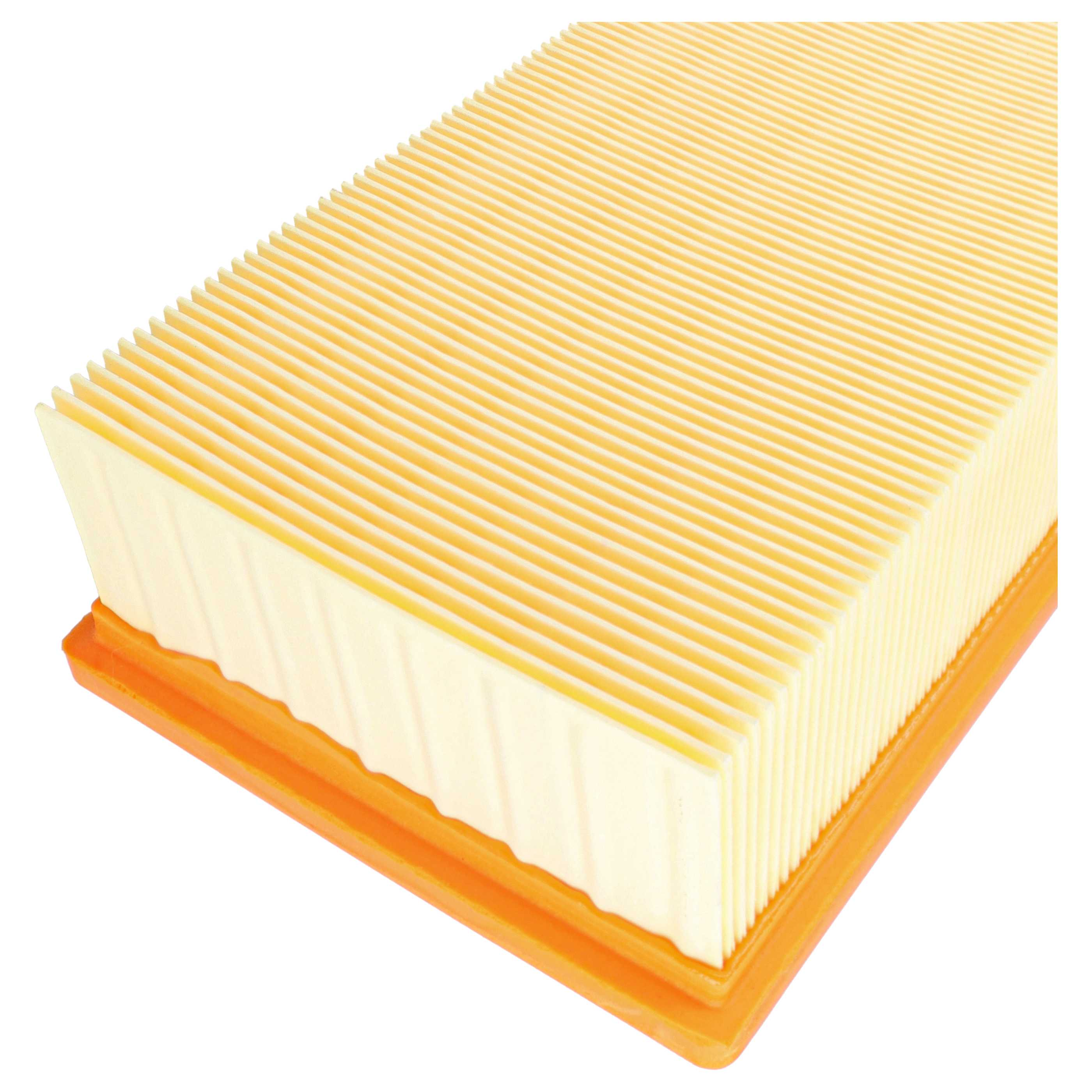 Ein rechteckiger, gelber, gefalteter Papierluftfilter mit einer orangen Gummidichtung.