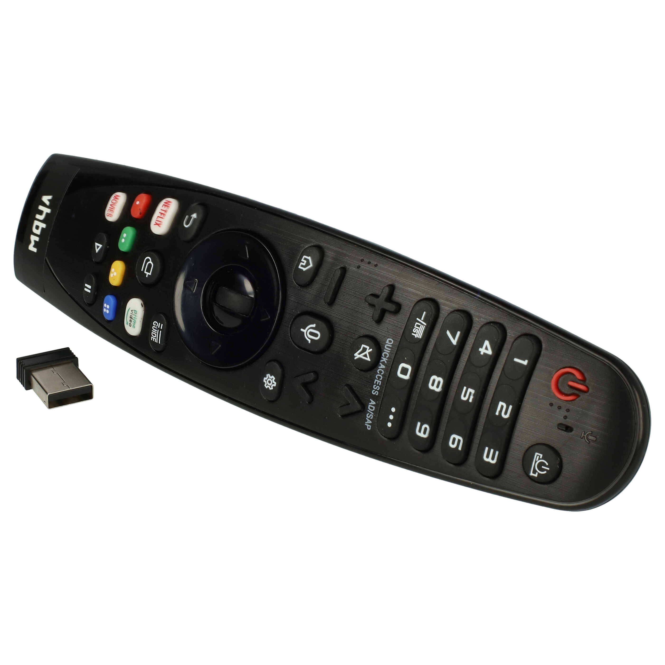 Schwarze Fernbedienung mit verschiedenen Tasten und einem USB-Empfänger auf weißem Hintergrund.