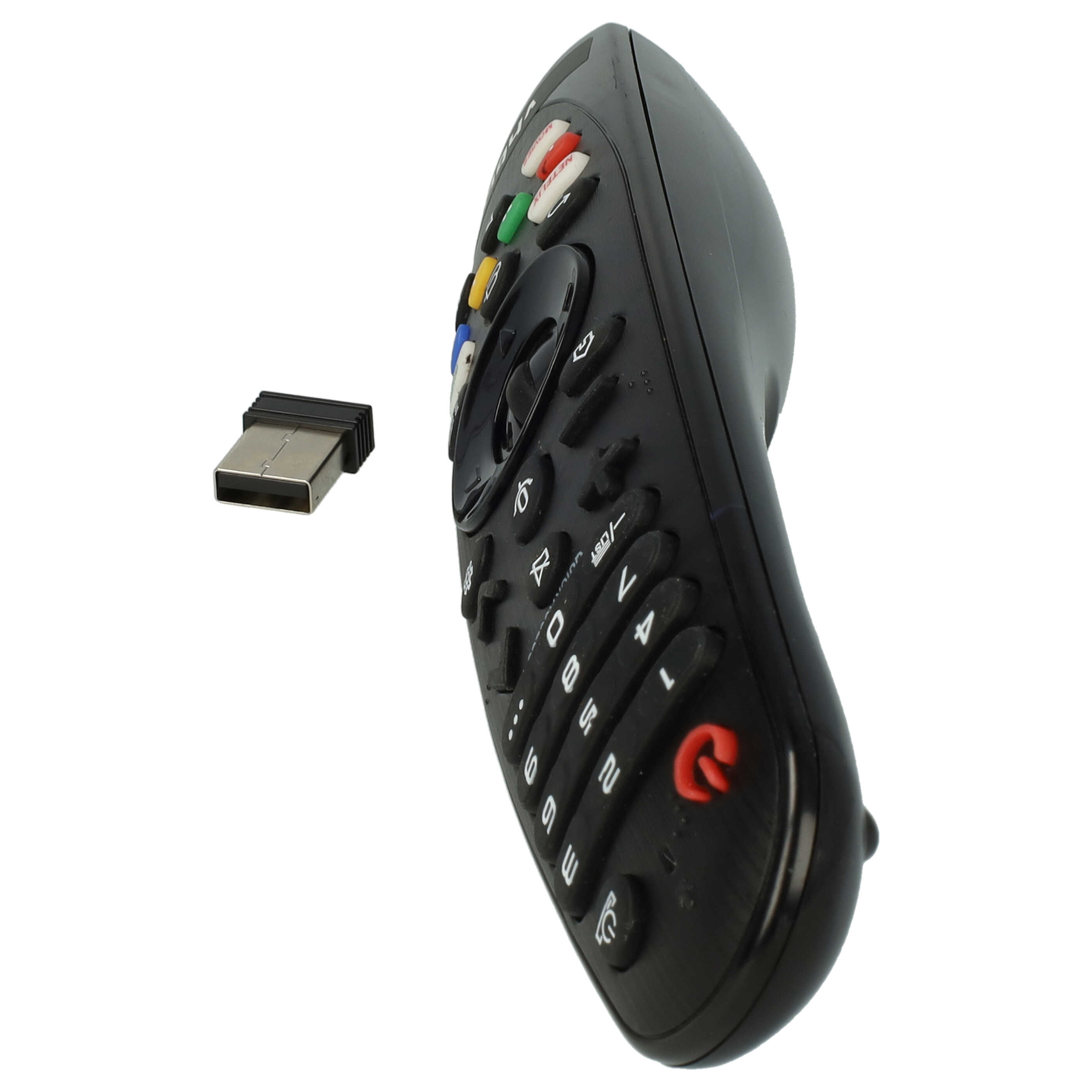 Eine schwarze Fernbedienung und ein kleiner USB-Empfänger auf weißem Hintergrund.