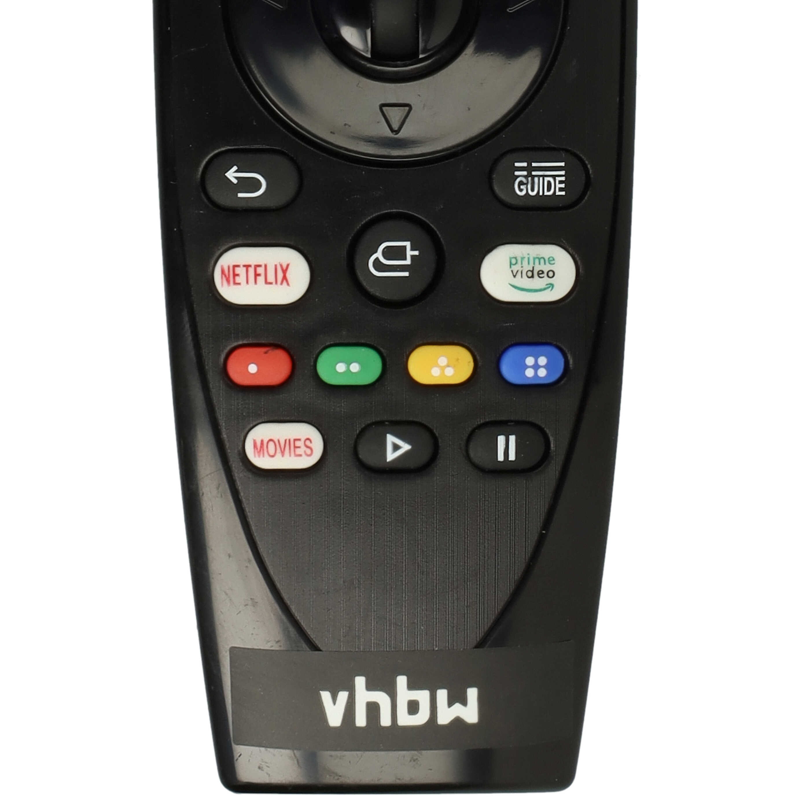 Eine schwarze Fernbedienung mit farbigen Streaming-Tasten, Navigationstasten und dem vhbw Logo unten.