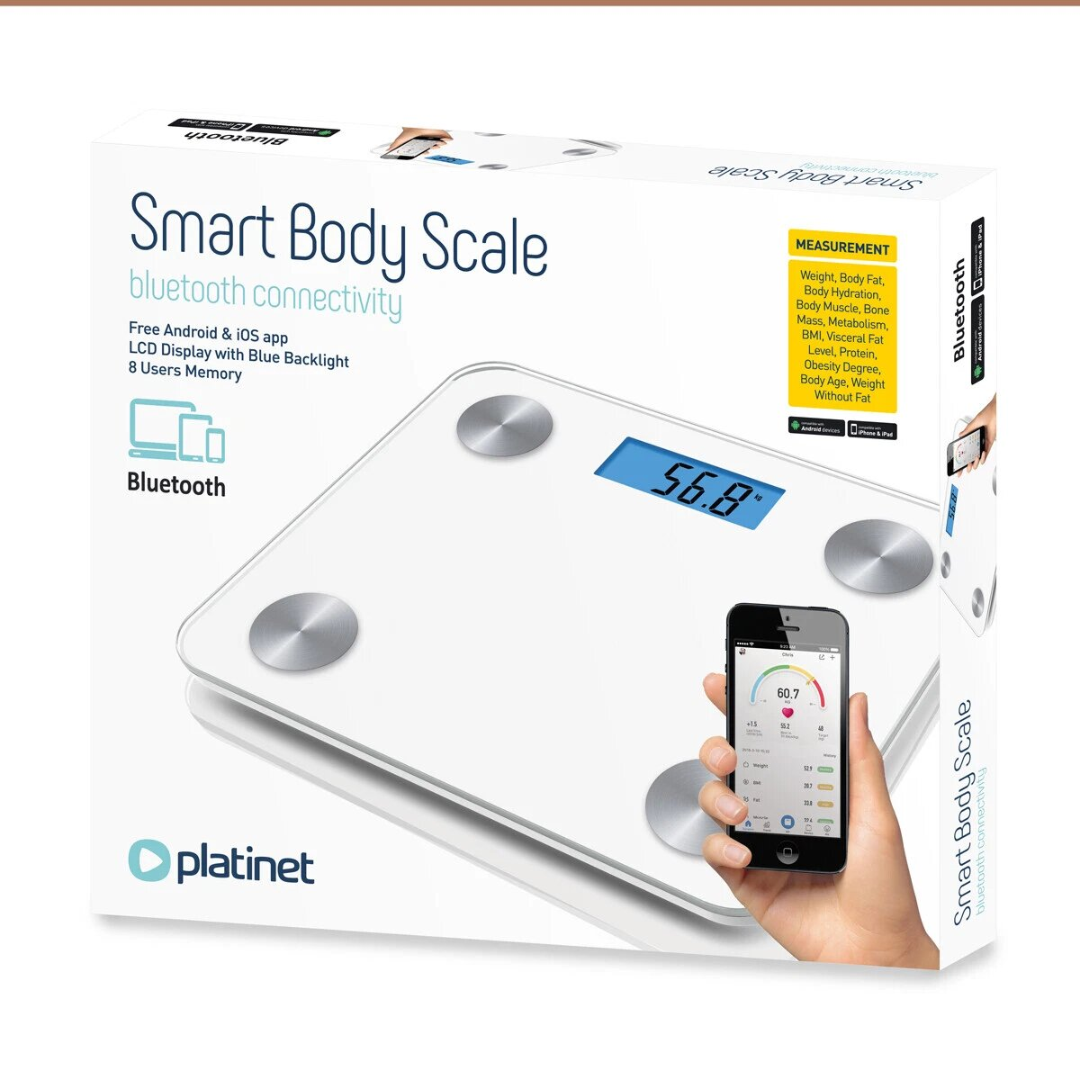 Verpackung einer intelligenten Körperwaage mit Bluetooth und Handy-App.