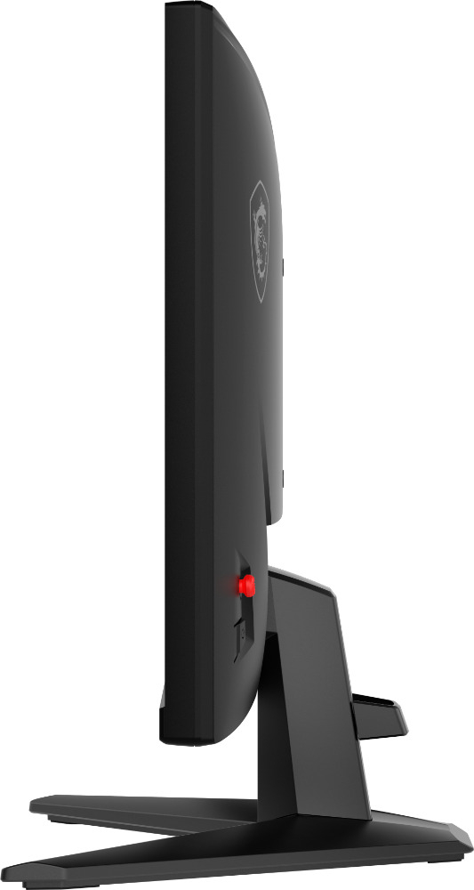 Side view of a black curved gaming monitor on a stand, showing a red control joystick.