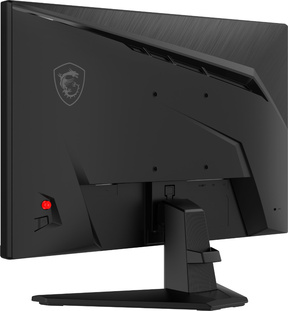 Back view of a black MSI gaming monitor featuring a built-in red joystick on a sturdy stand.