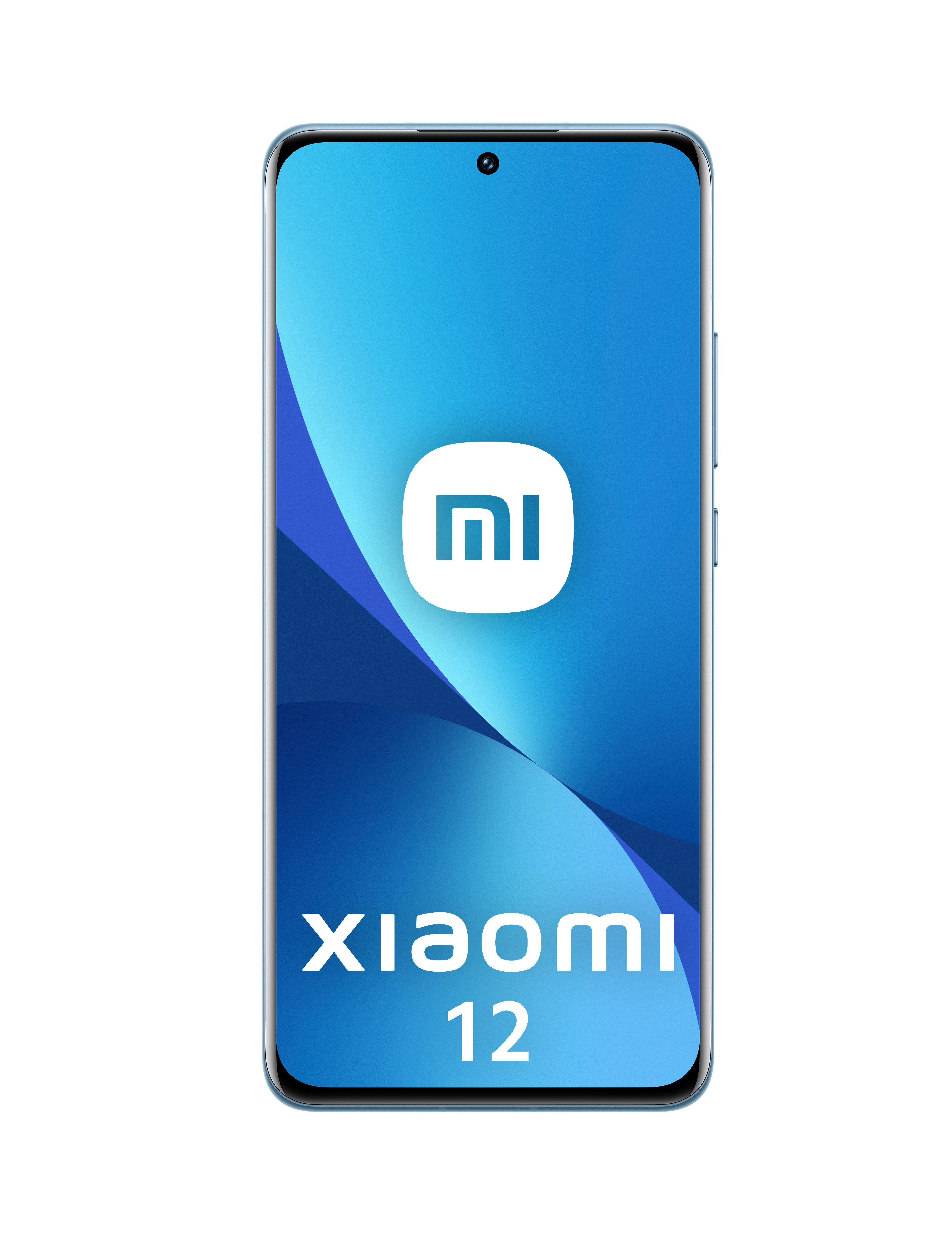Frontansicht des blauen Xiaomi 12 Smartphones mit eingeschaltetem Bildschirm.