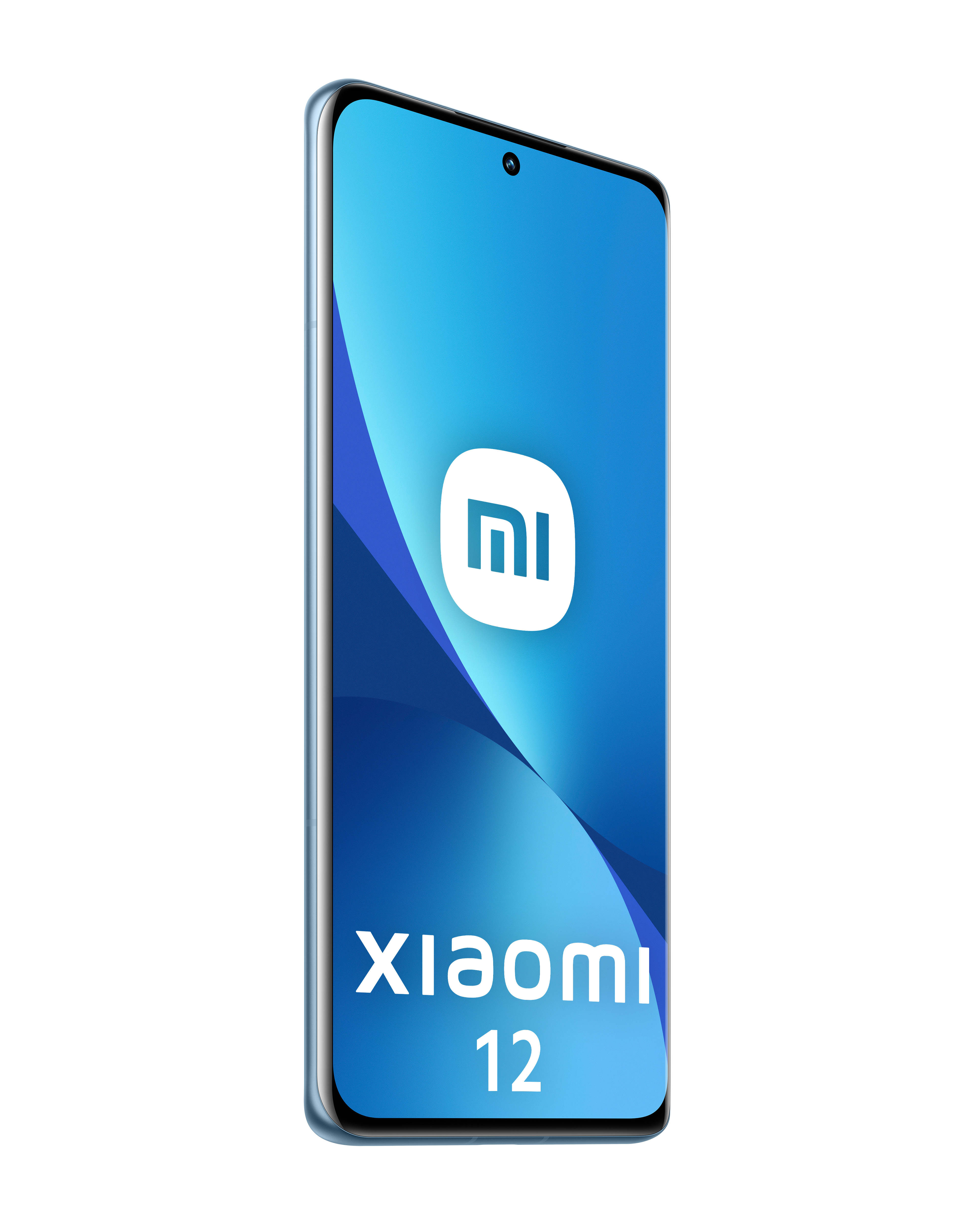 Xiaomi 12 Smartphone in Hellblau, frontal in Ansicht mit hellem Logo auf dem blauen Bildschirm.