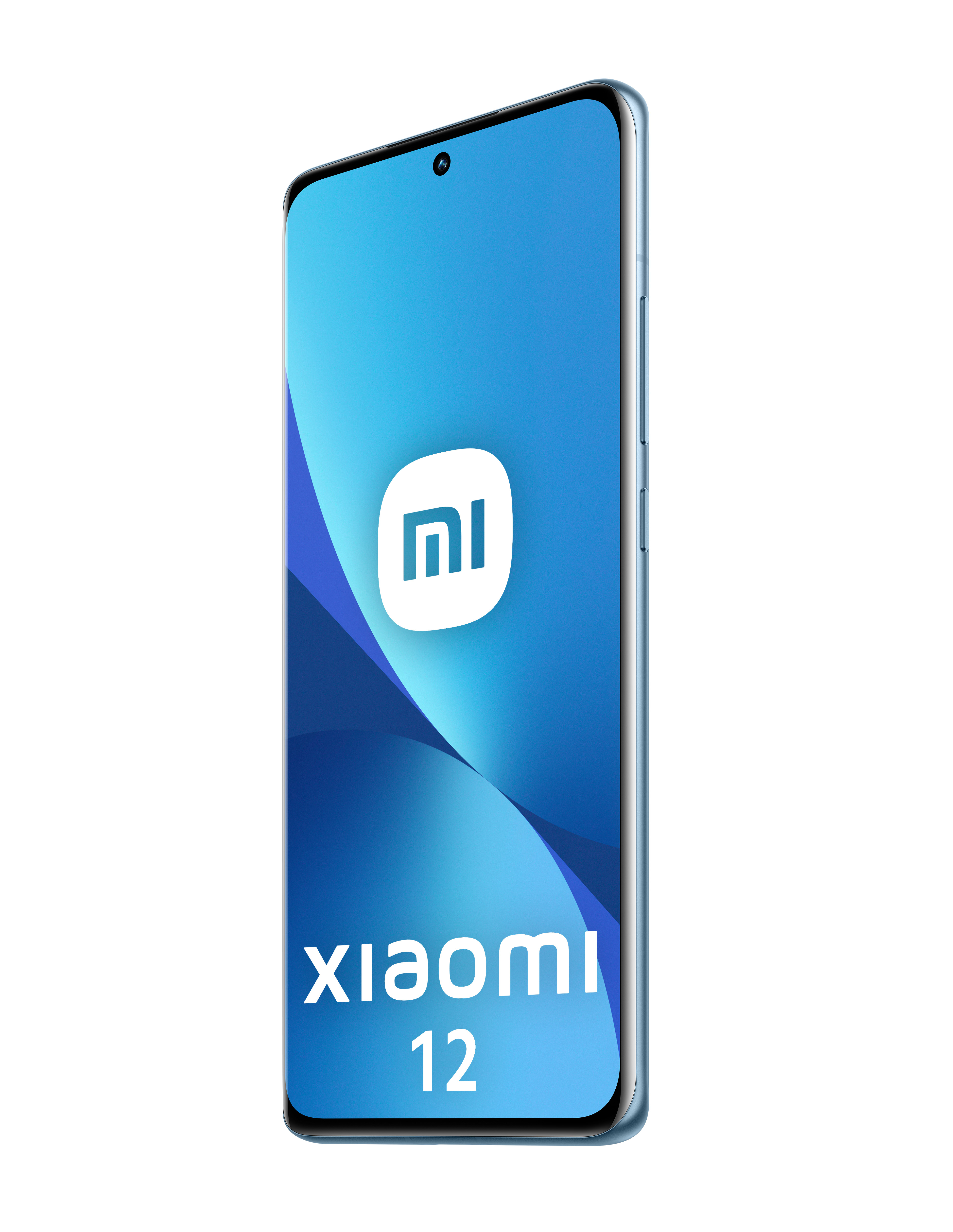 Ein blaues Xiaomi 12 Smartphone steht schräg und zeigt das Mi-Logo und den Modellnamen.