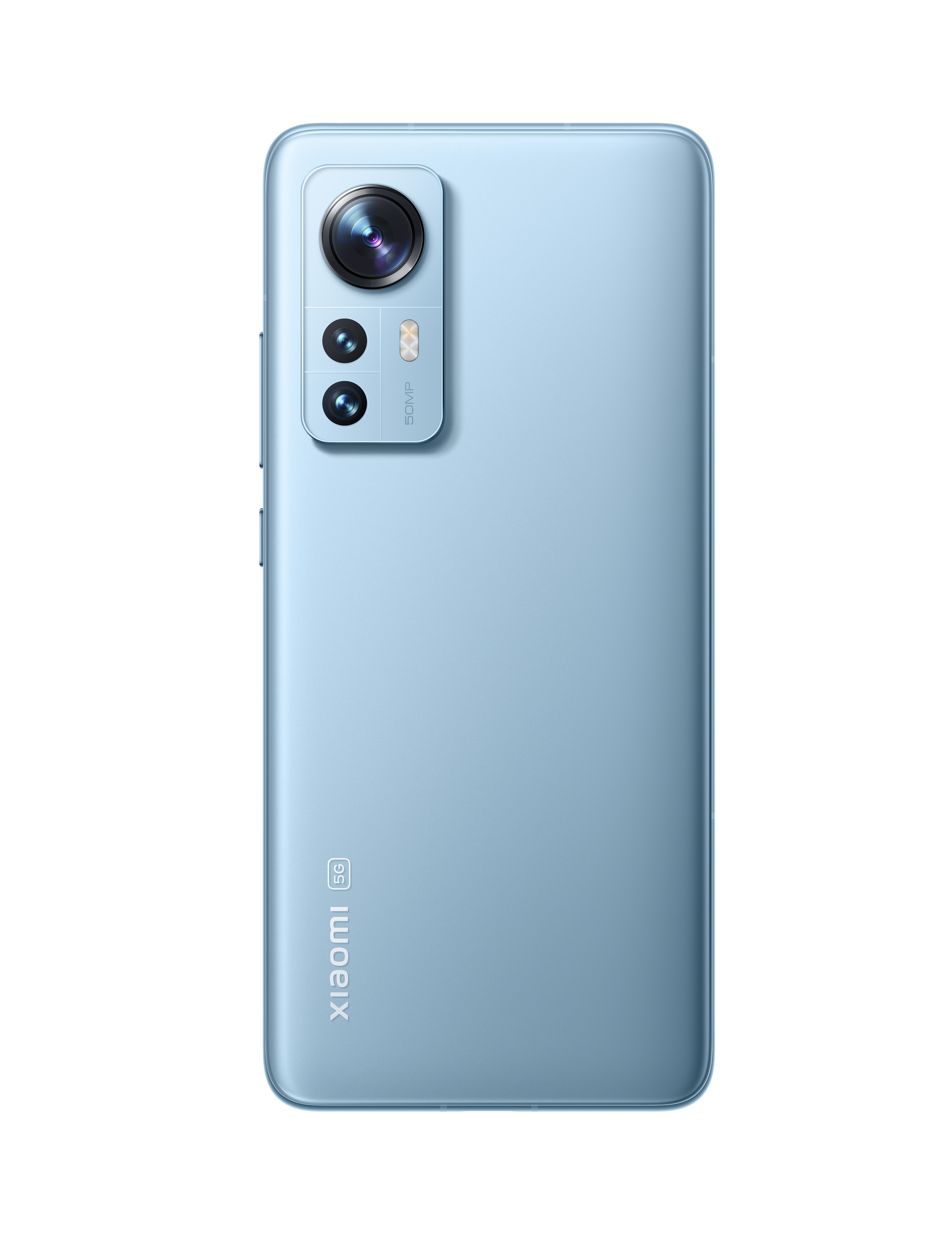 Rückseite eines blauen Xiaomi 5G Smartphones mit Dreifach-Kamera und Logo.