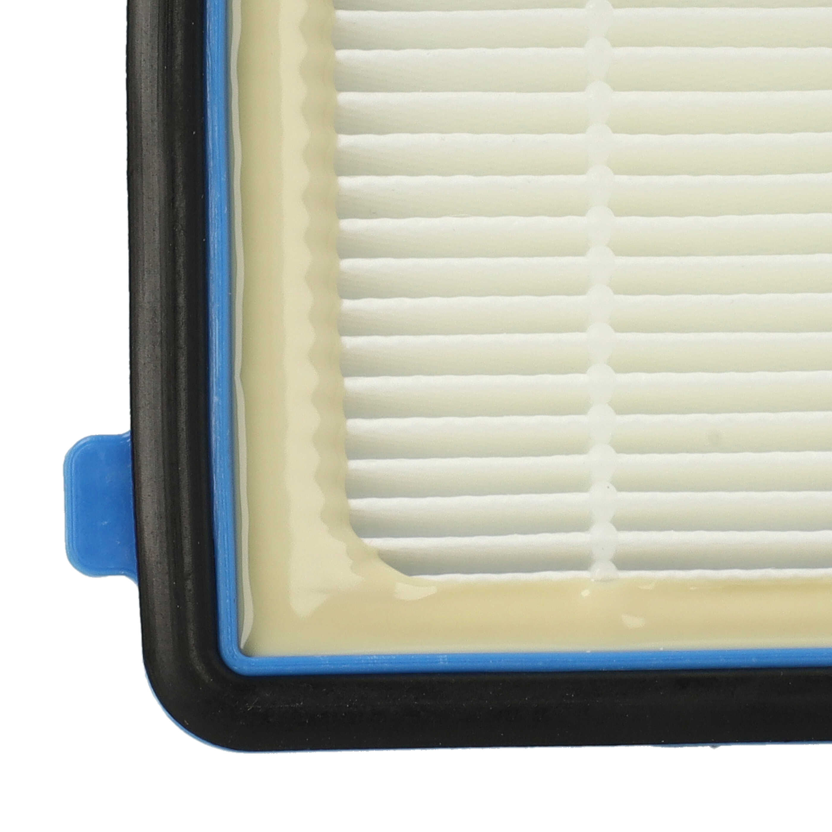 Nahaufnahme eines weißen Papierluftfilters mit schwarzem Gummirand und blauer Lasche.