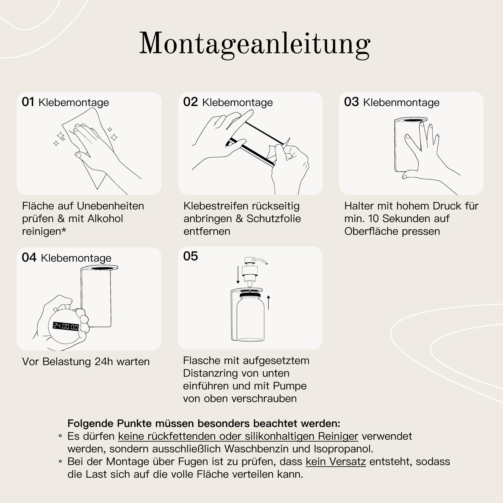 Montageanleitung in 5 Schritten für Klebemontage mit Reinigung, Klebeband, Andrücken und Flaschenmontage.