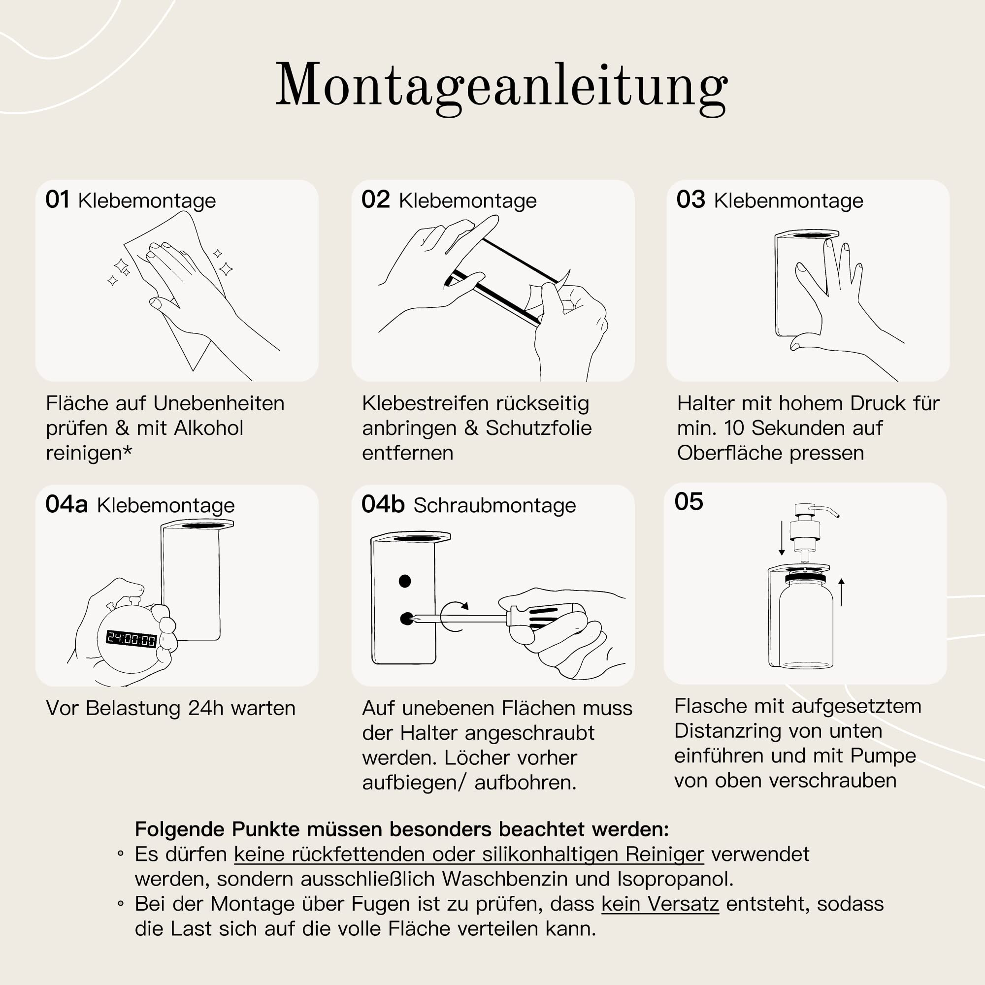 Montageanleitung mit sechs bebilderten Schritten für Klebe- und Schraubmontage.