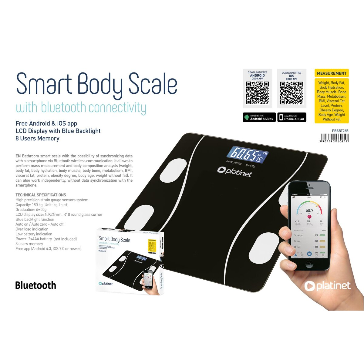 Eine schwarze Körperwaage mit blauem Display, Produktverpackung und einer Smartphone-App.