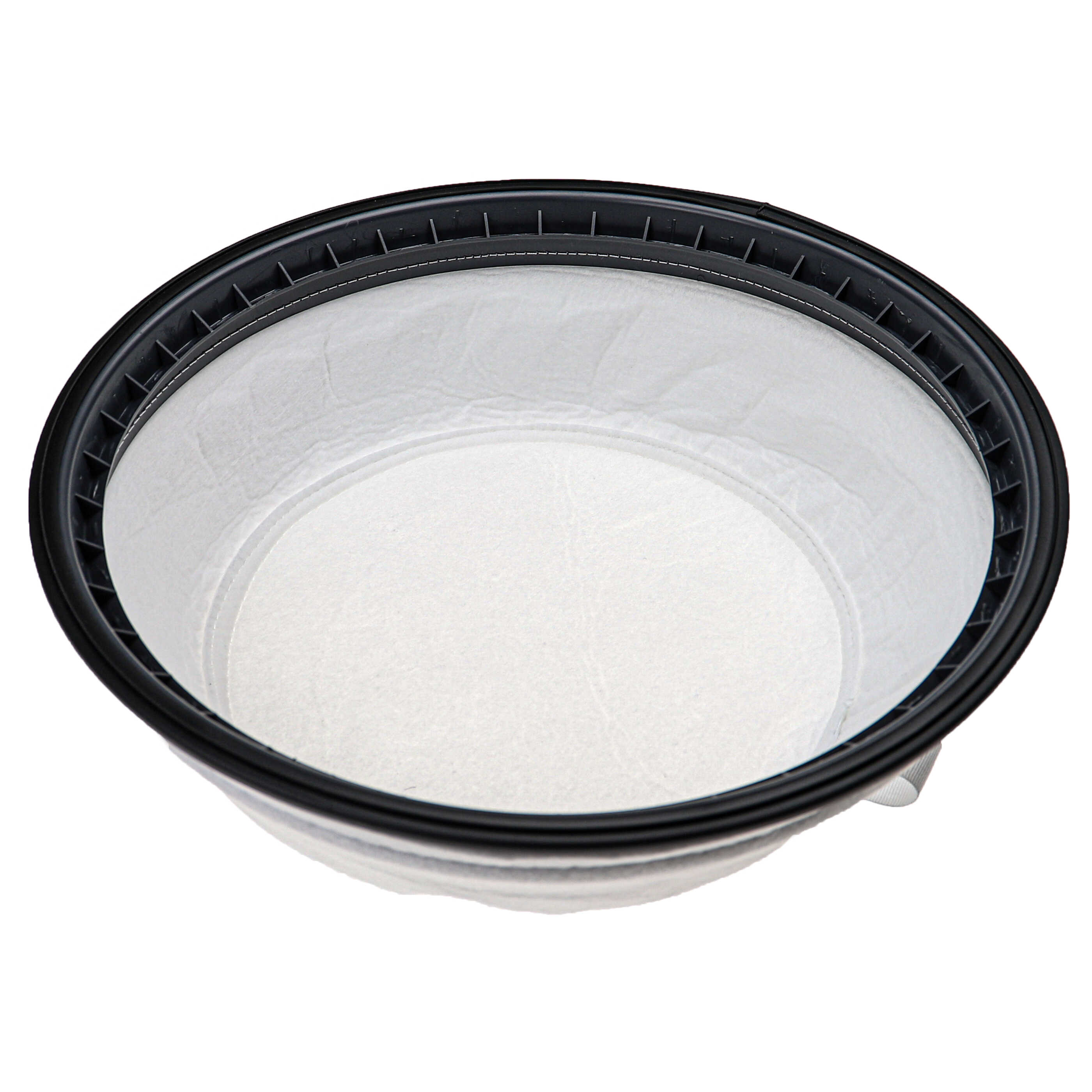 Ein weißer, runder Filter mit schwarzem Plastikrand und gerippter Struktur isoliert auf weißem Hintergrund.