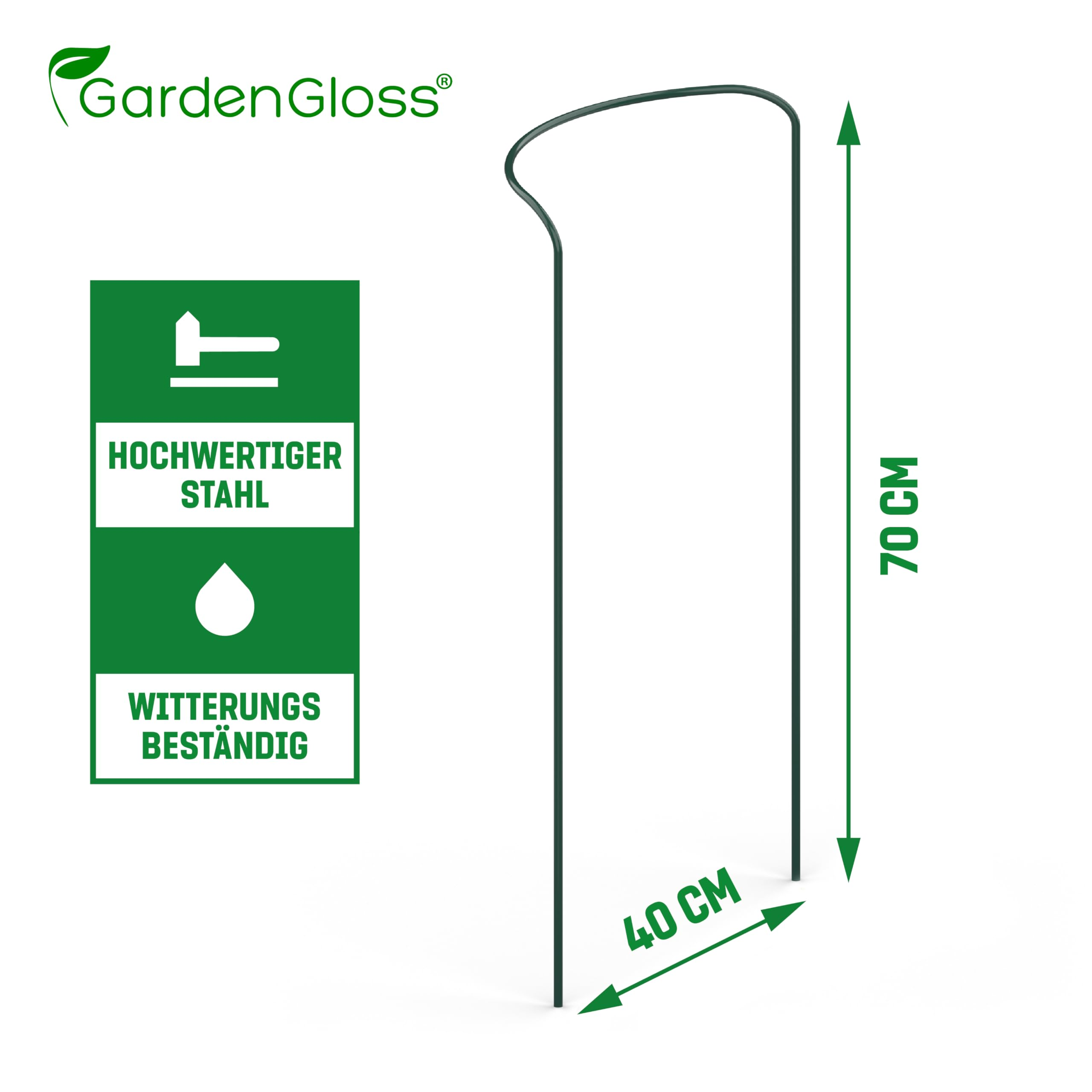 Grüner Gartenstab, 70x40 cm, aus hochwertigem, wetterbeständigem Stahl mit GardenGloss Logo.